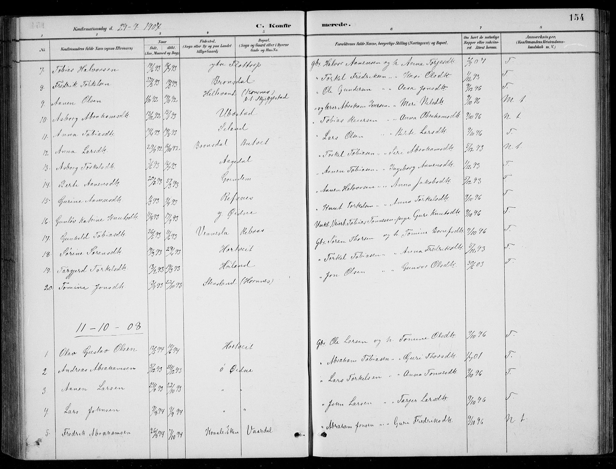 Bjelland sokneprestkontor, SAK/1111-0005/F/Fb/Fbc/L0003: Parish register (copy) no. B 3, 1887-1924, p. 154