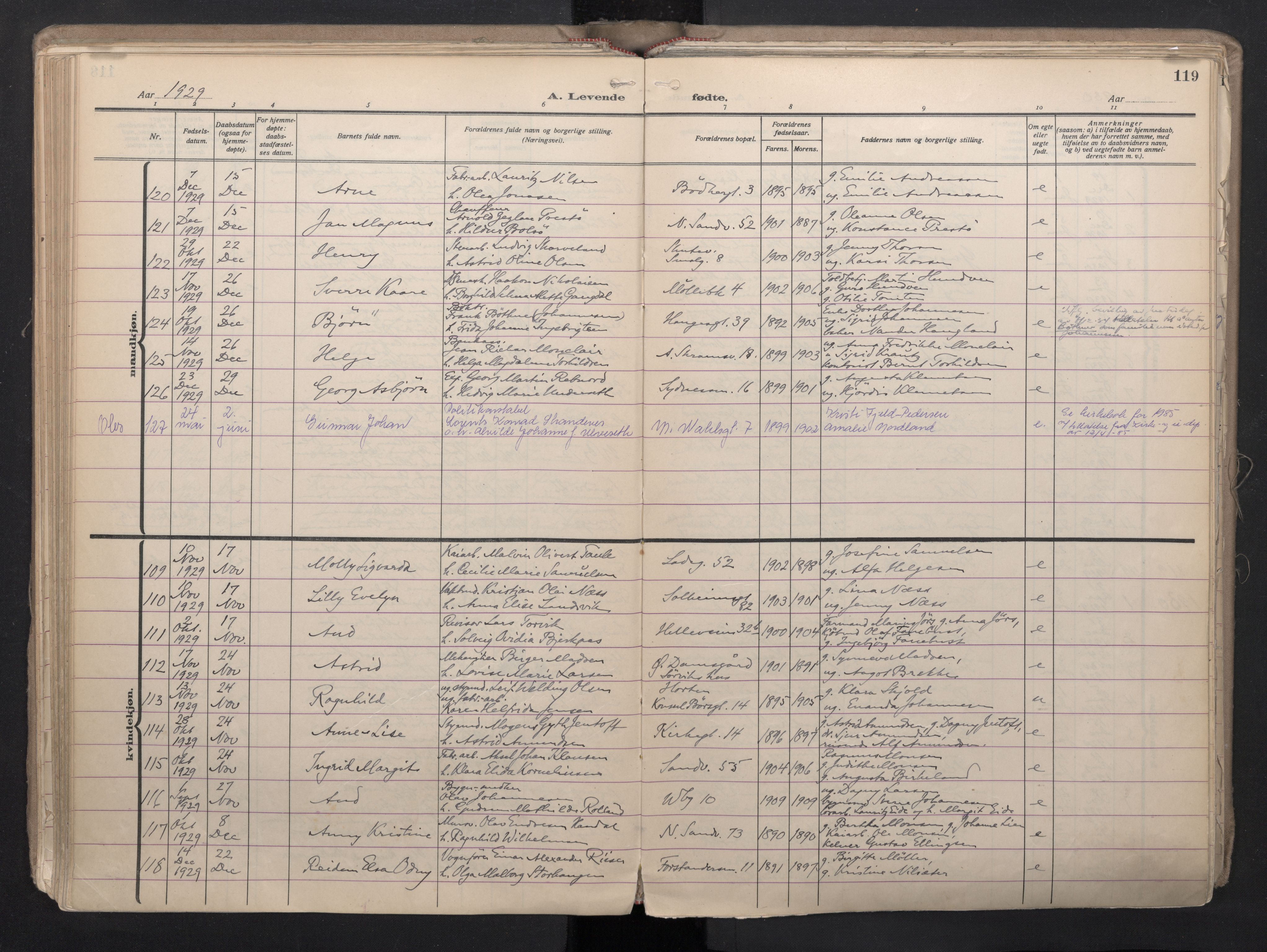 Sandviken Sokneprestembete, AV/SAB-A-77601/H/Ha/L0008: Parish register (official) no. B 5, 1924-1944, p. 119