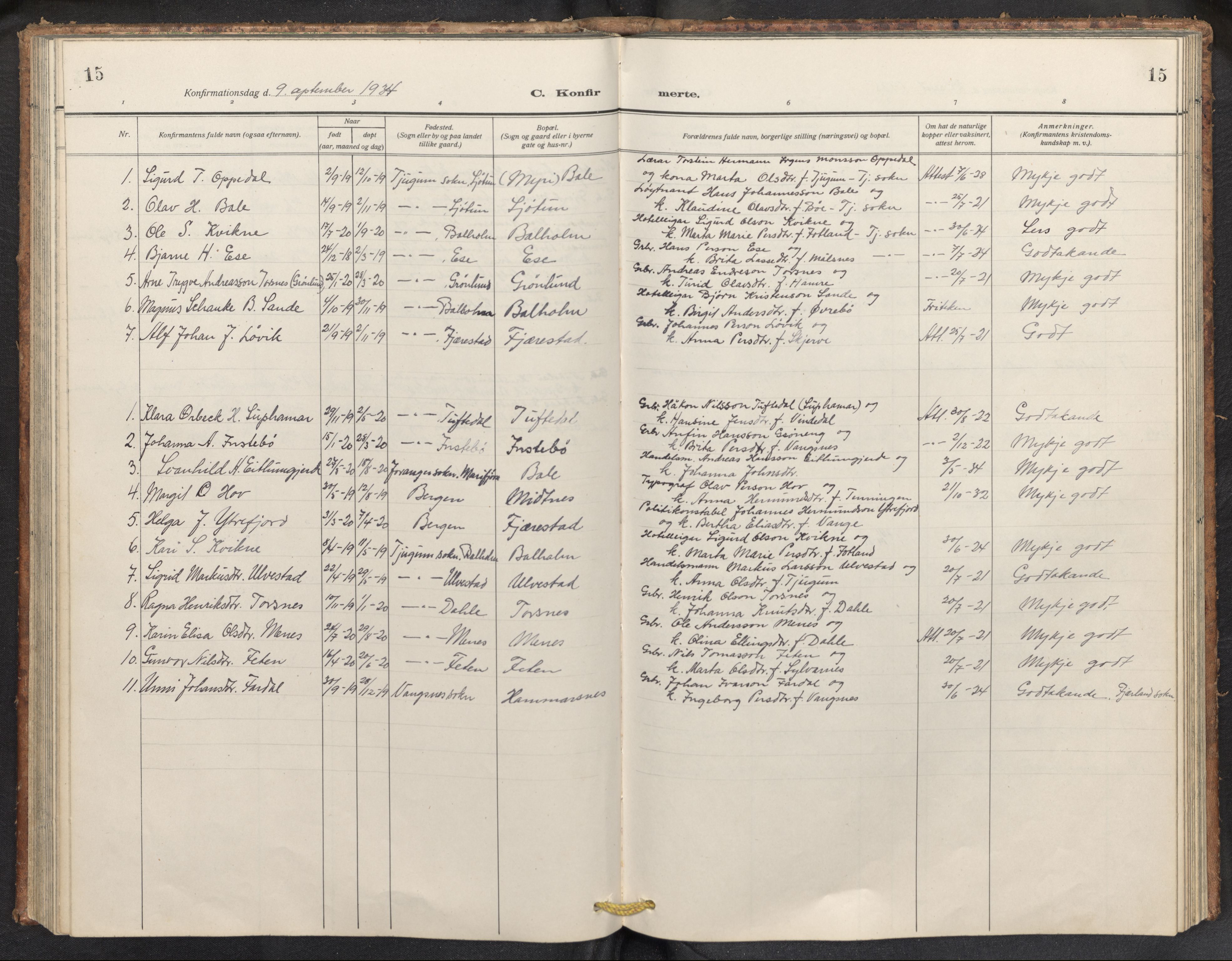 Balestrand sokneprestembete, AV/SAB-A-79601/H/Hab/Haba/L0003: Parish register (copy) no. A 3, 1920-1956, p. 15