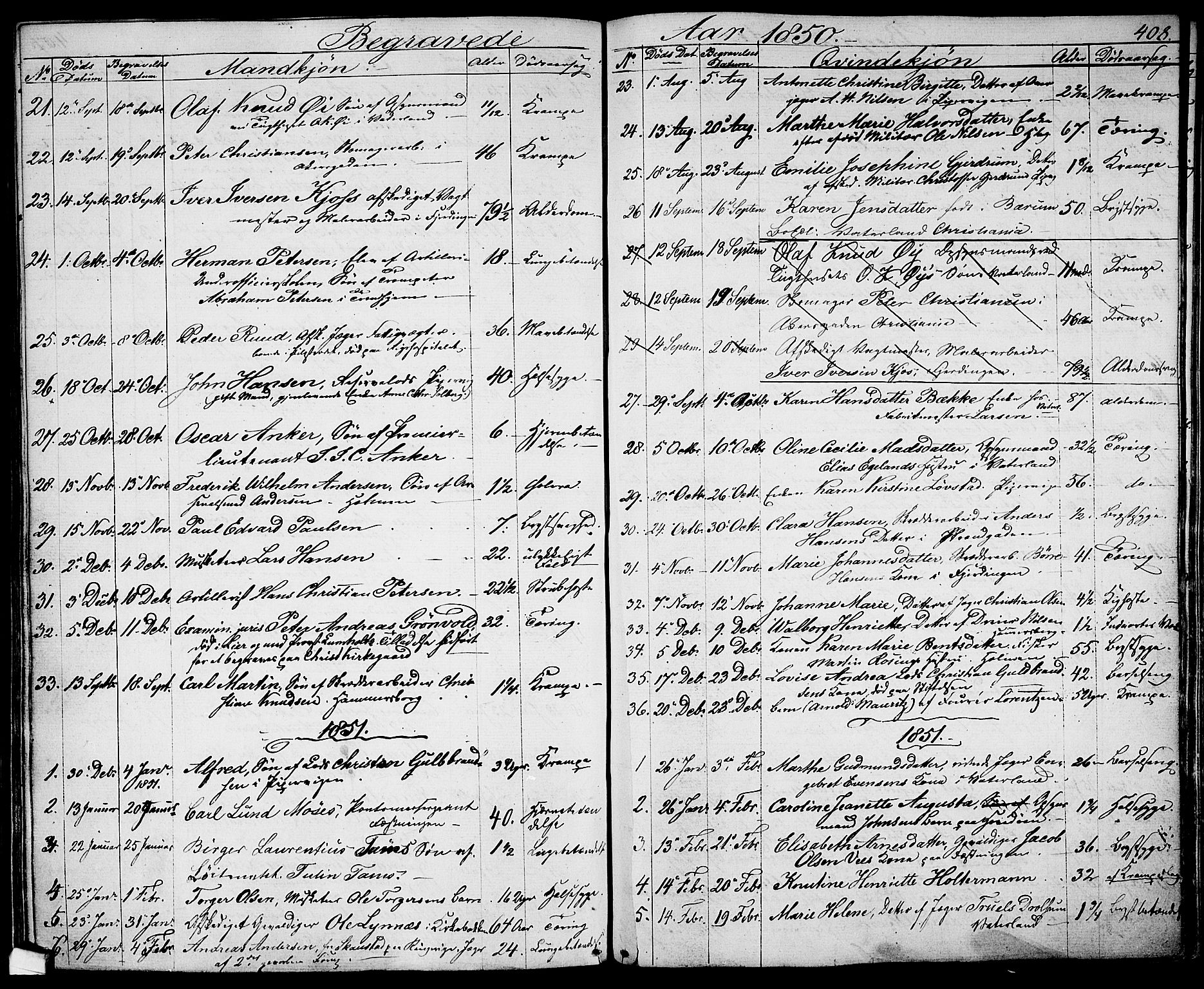 Garnisonsmenigheten Kirkebøker, AV/SAO-A-10846/G/Ga/L0005: Parish register (copy) no. 5, 1841-1860, p. 408