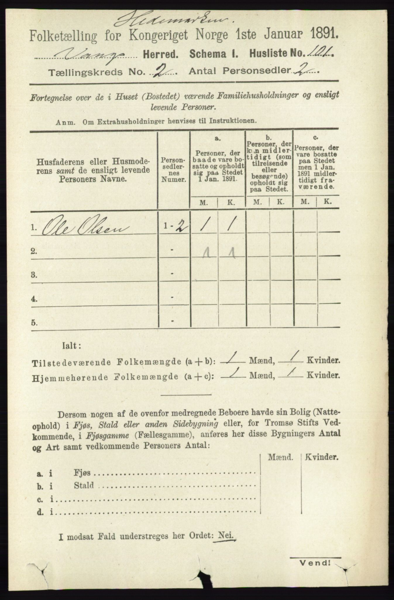 RA, 1891 census for 0414 Vang, 1891, p. 1033