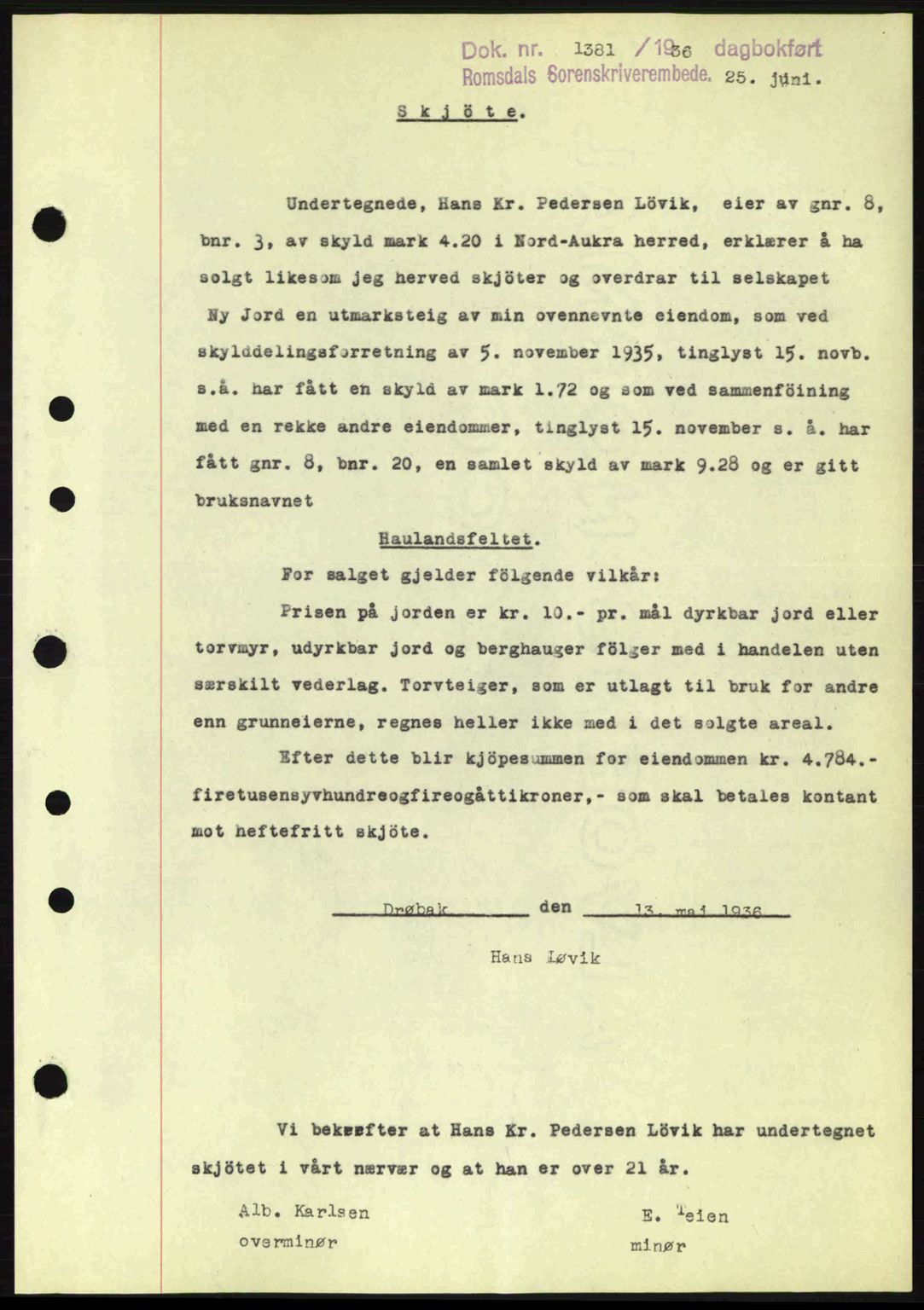 Romsdal sorenskriveri, AV/SAT-A-4149/1/2/2C: Mortgage book no. A1, 1936-1936, Diary no: : 1381/1936