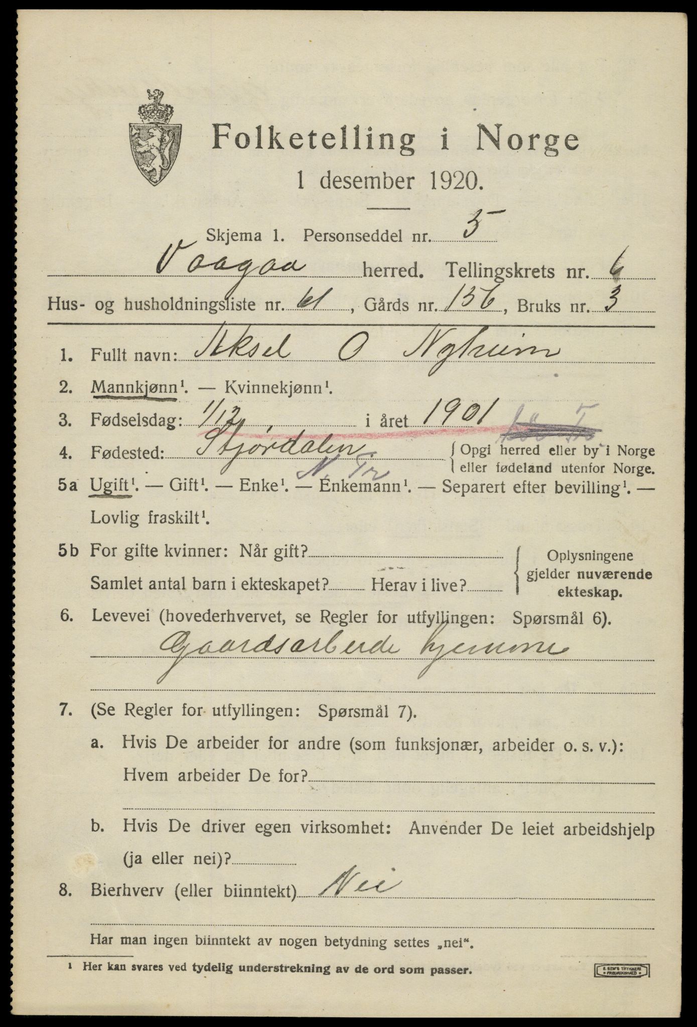 SAH, 1920 census for Vågå, 1920, p. 5294