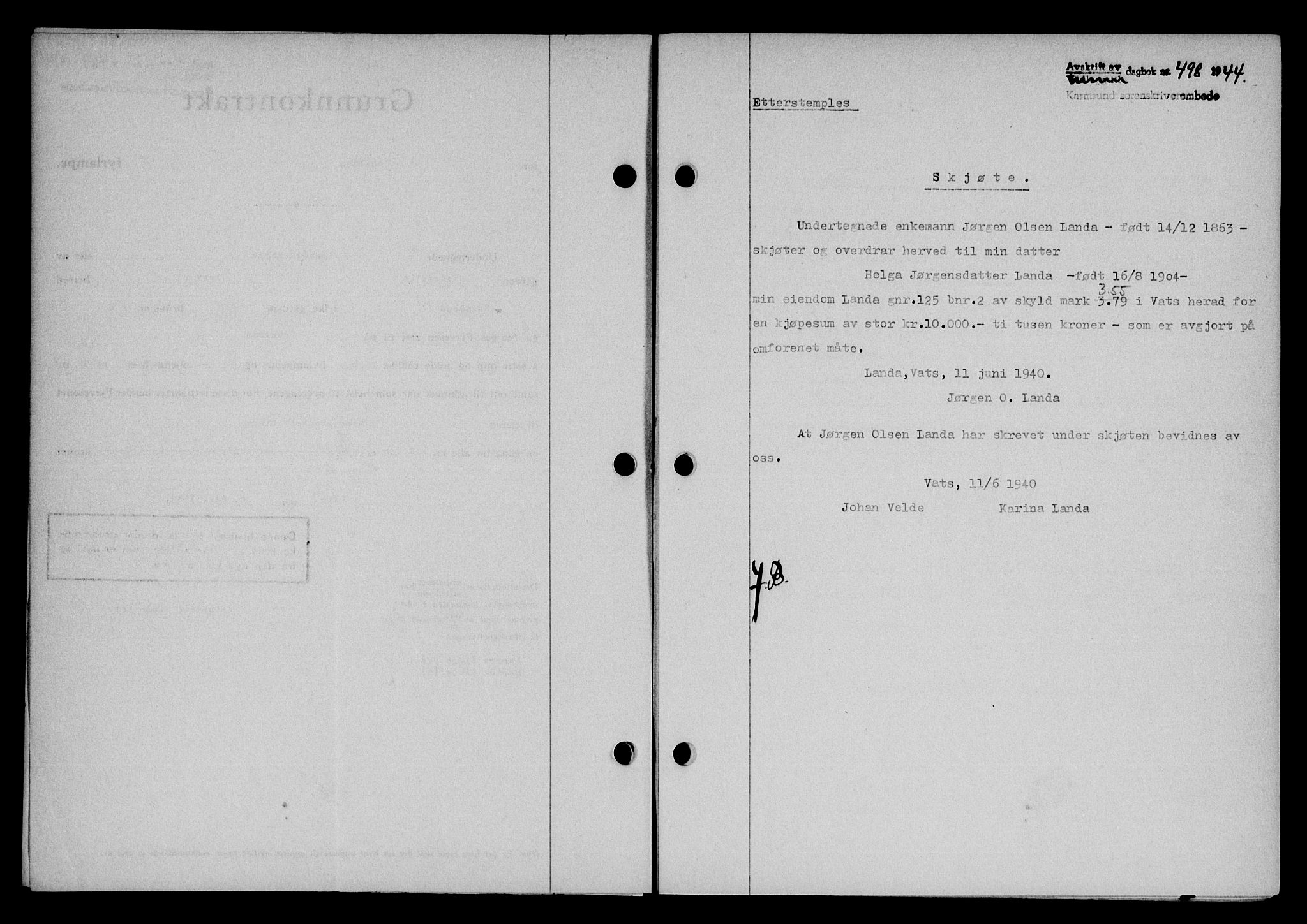 Karmsund sorenskriveri, SAST/A-100311/01/II/IIB/L0081: Mortgage book no. 62A, 1943-1944, Diary no: : 498/1944