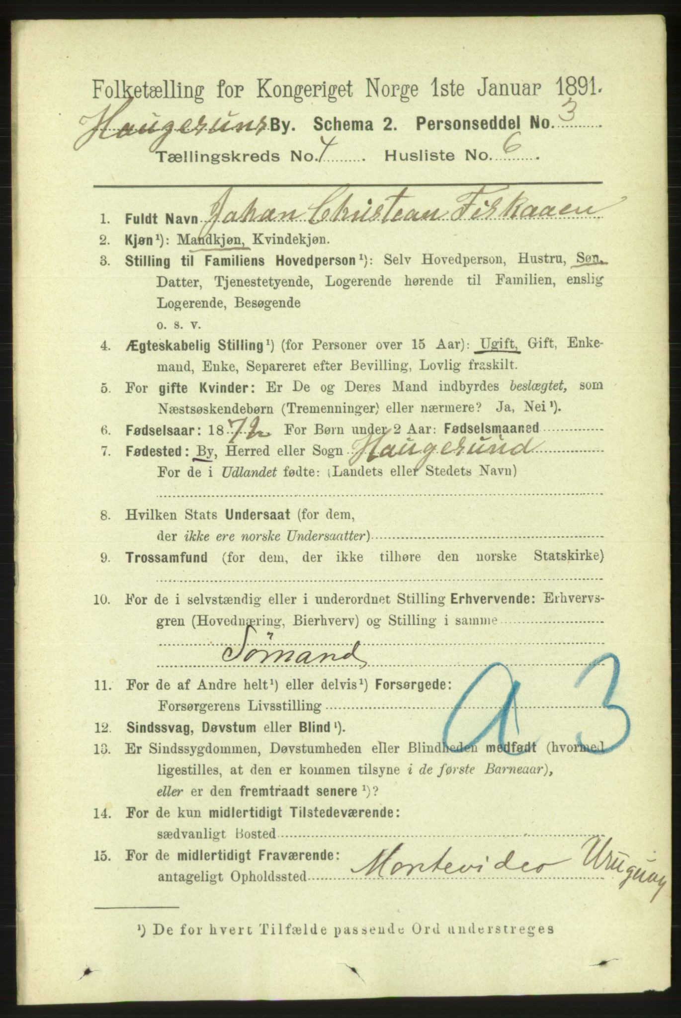 RA, 1891 census for 1106 Haugesund, 1891, p. 1219