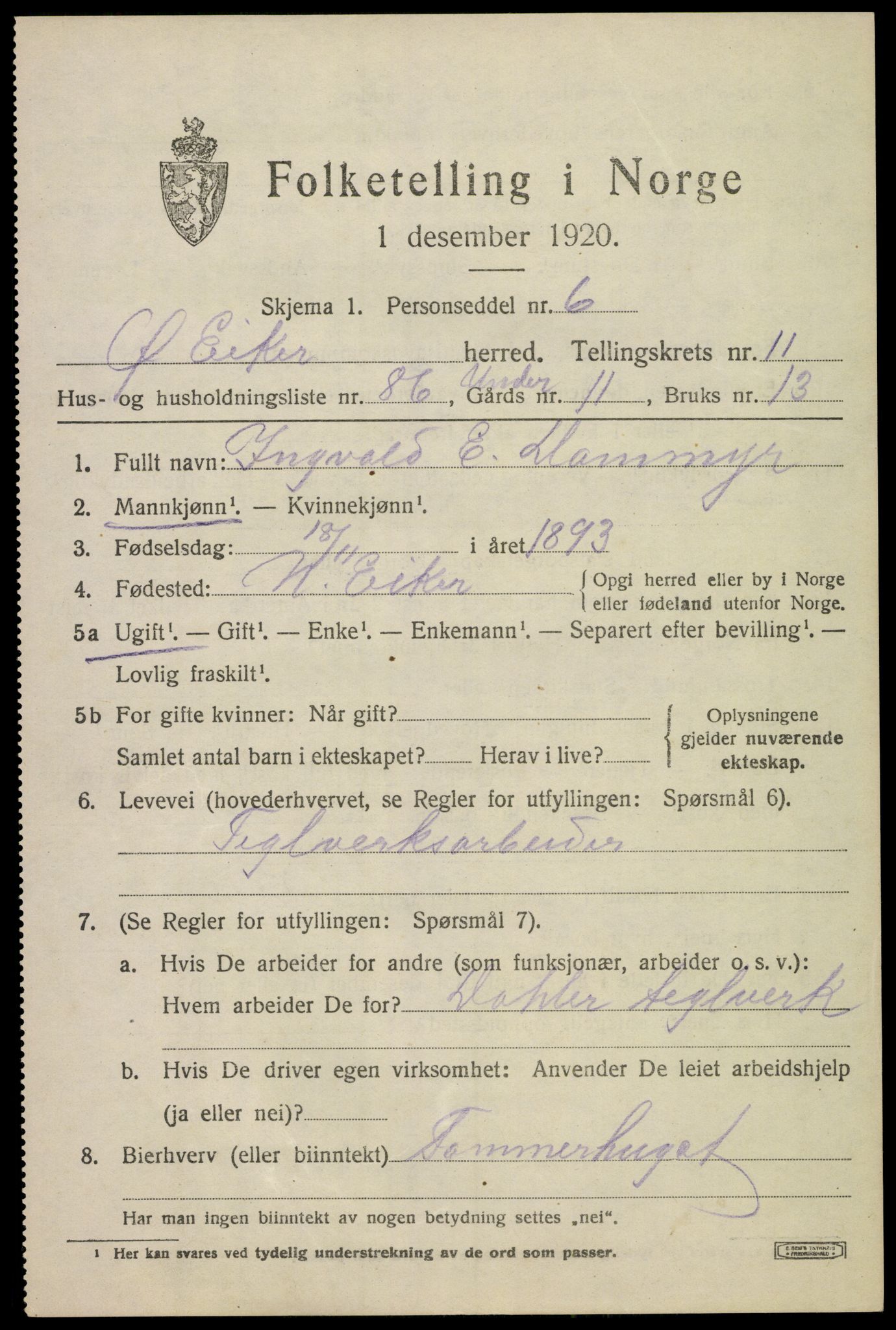 SAKO, 1920 census for Øvre Eiker, 1920, p. 18326