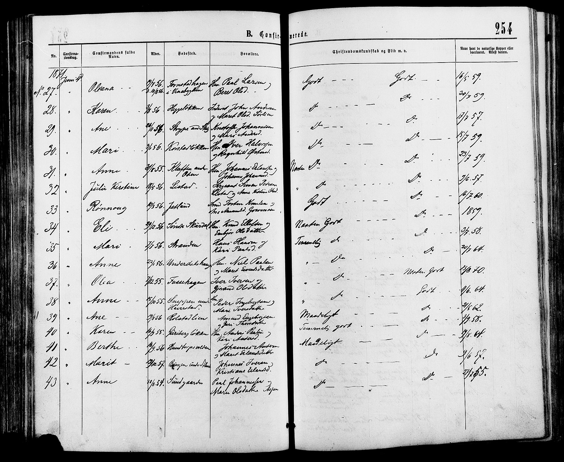 Sør-Fron prestekontor, SAH/PREST-010/H/Ha/Haa/L0002: Parish register (official) no. 2, 1864-1880, p. 254