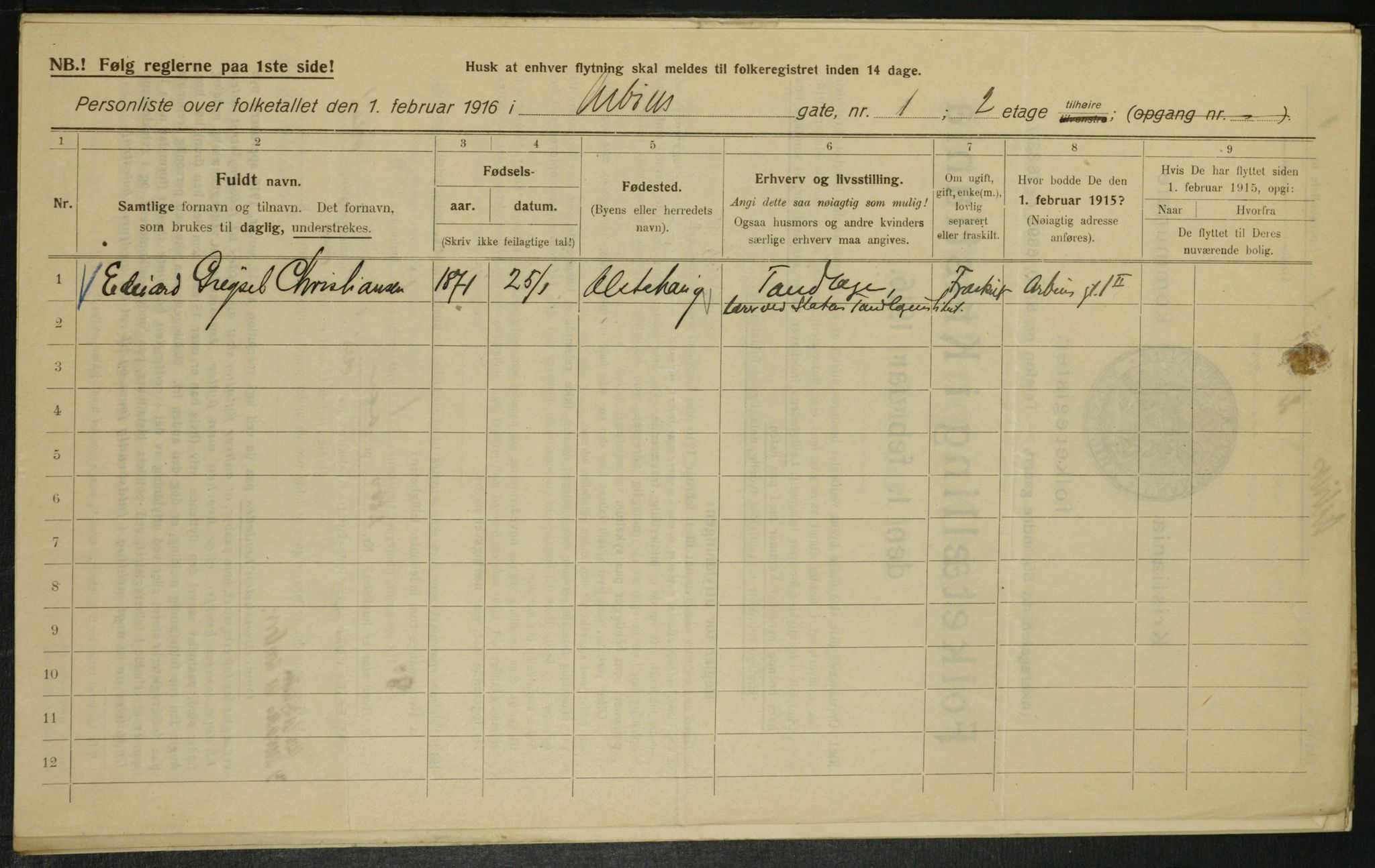 OBA, Municipal Census 1916 for Kristiania, 1916, p. 1482