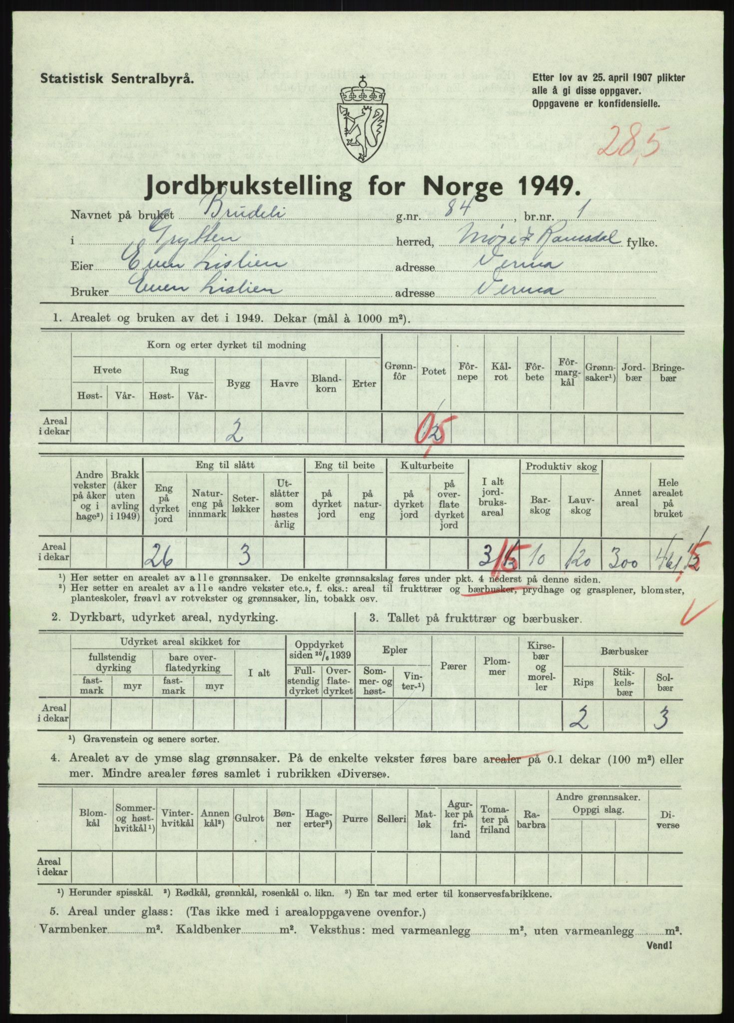 Statistisk sentralbyrå, Næringsøkonomiske emner, Jordbruk, skogbruk, jakt, fiske og fangst, AV/RA-S-2234/G/Gc/L0323: Møre og Romsdal: Grytten og Hen, 1949, p. 205