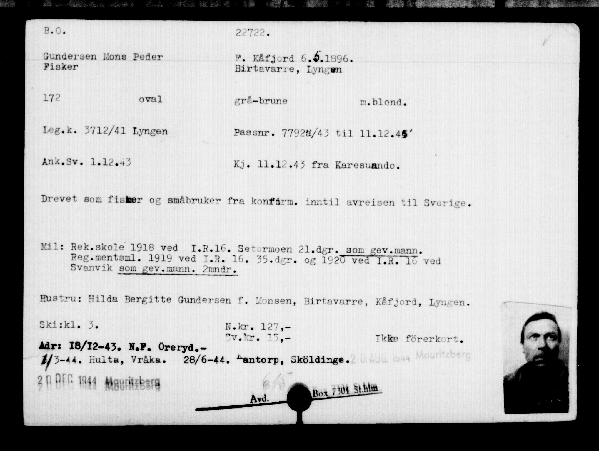 Den Kgl. Norske Legasjons Flyktningskontor, RA/S-6753/V/Va/L0010: Kjesäterkartoteket.  Flyktningenr. 22000-25314, 1940-1945, p. 796