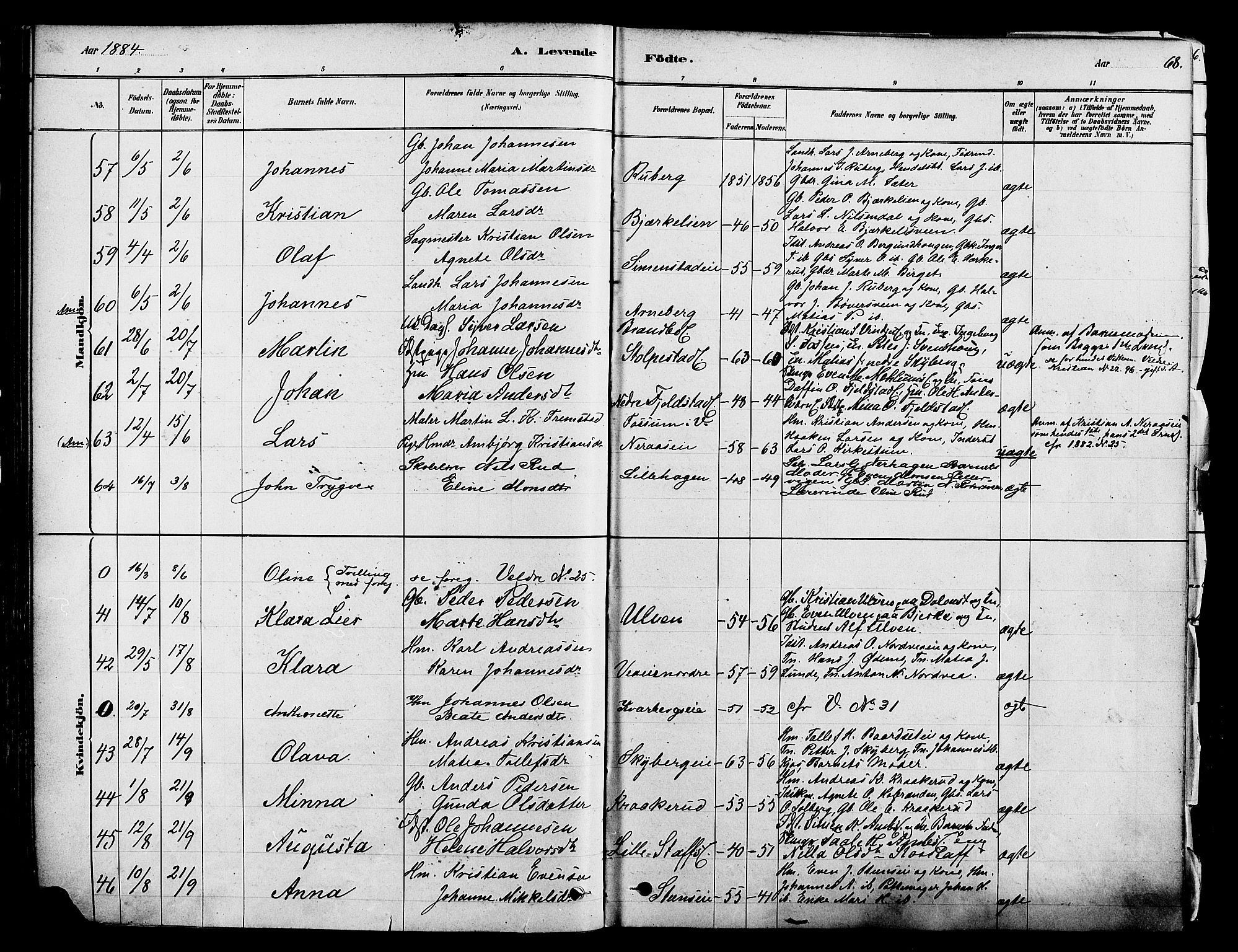 Ringsaker prestekontor, SAH/PREST-014/K/Ka/L0012: Parish register (official) no. 12, 1879-1890, p. 68