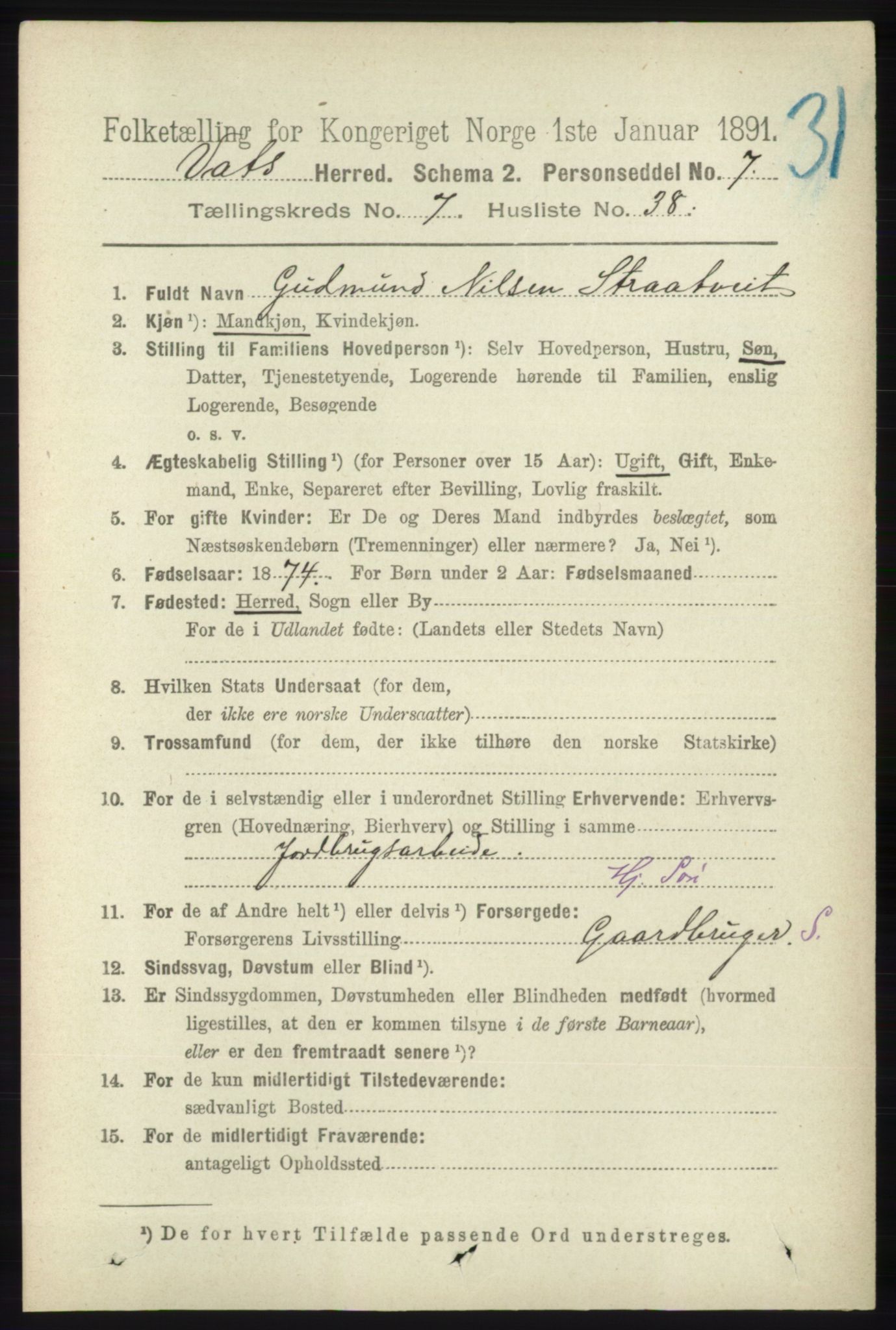 RA, 1891 census for 1155 Vats, 1891, p. 1296