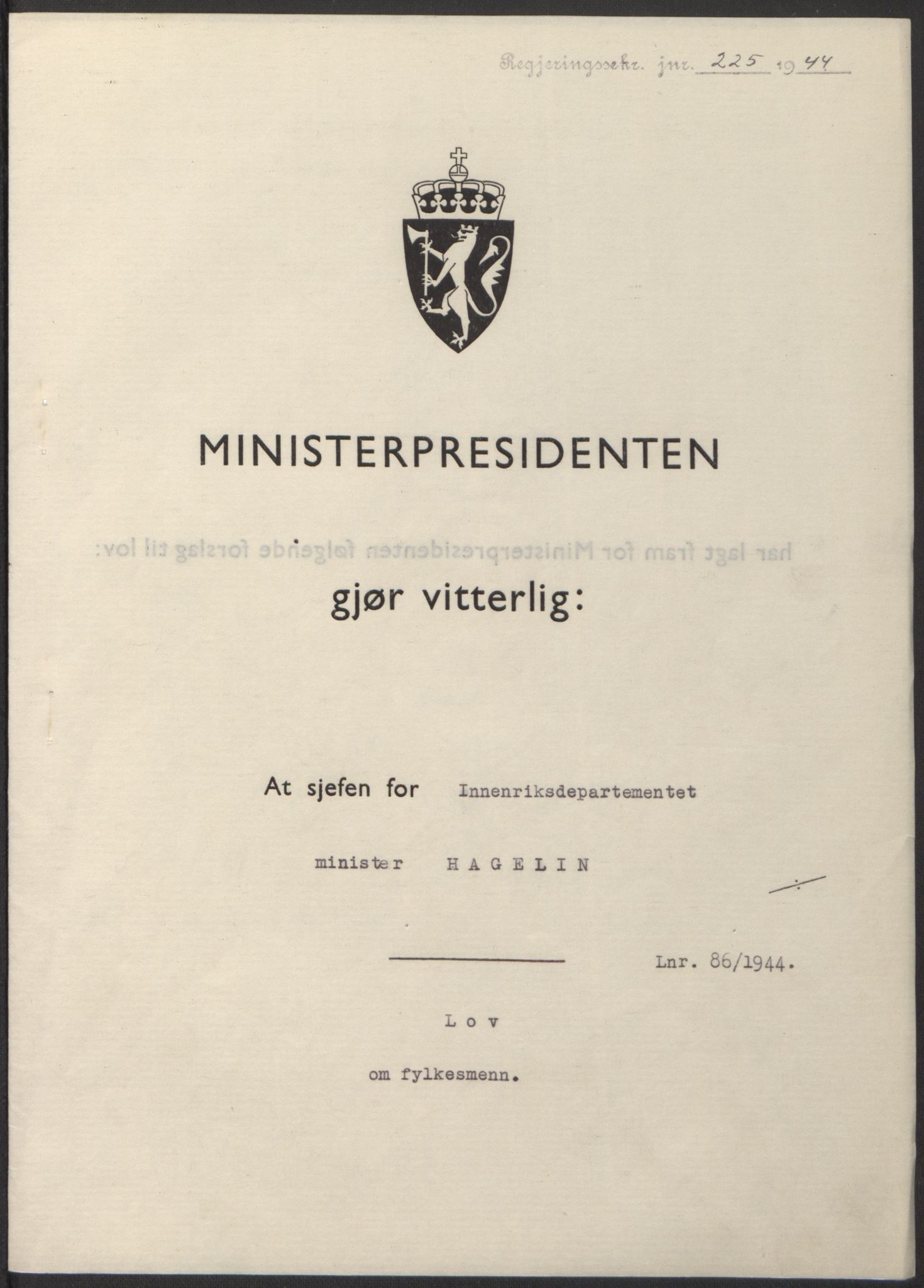NS-administrasjonen 1940-1945 (Statsrådsekretariatet, de kommisariske statsråder mm), RA/S-4279/D/Db/L0100: Lover, 1944, p. 404