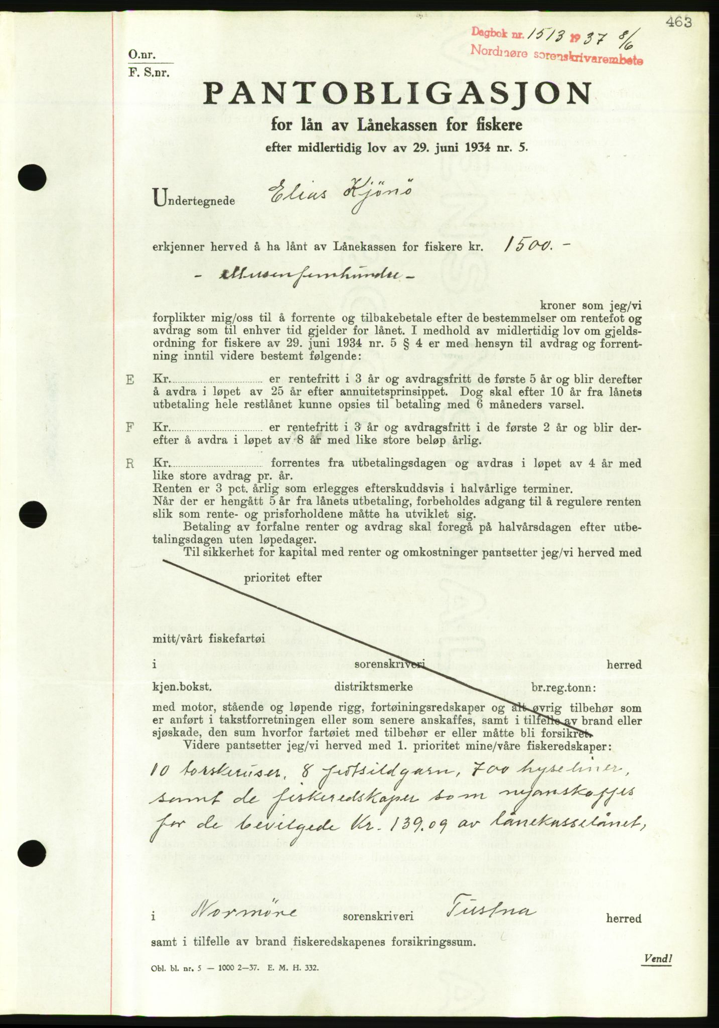 Nordmøre sorenskriveri, AV/SAT-A-4132/1/2/2Ca/L0091: Mortgage book no. B81, 1937-1937, Diary no: : 1513/1937