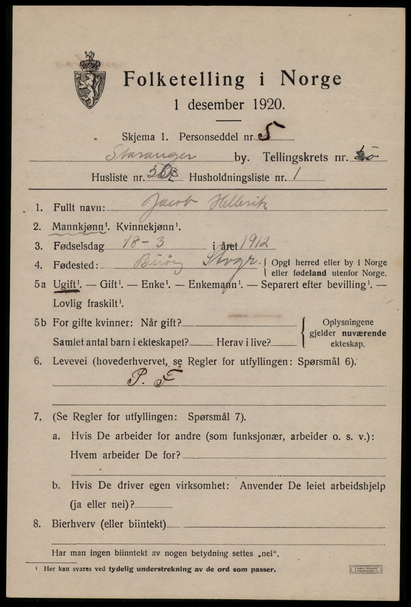 SAST, 1920 census for Stavanger, 1920, p. 120332