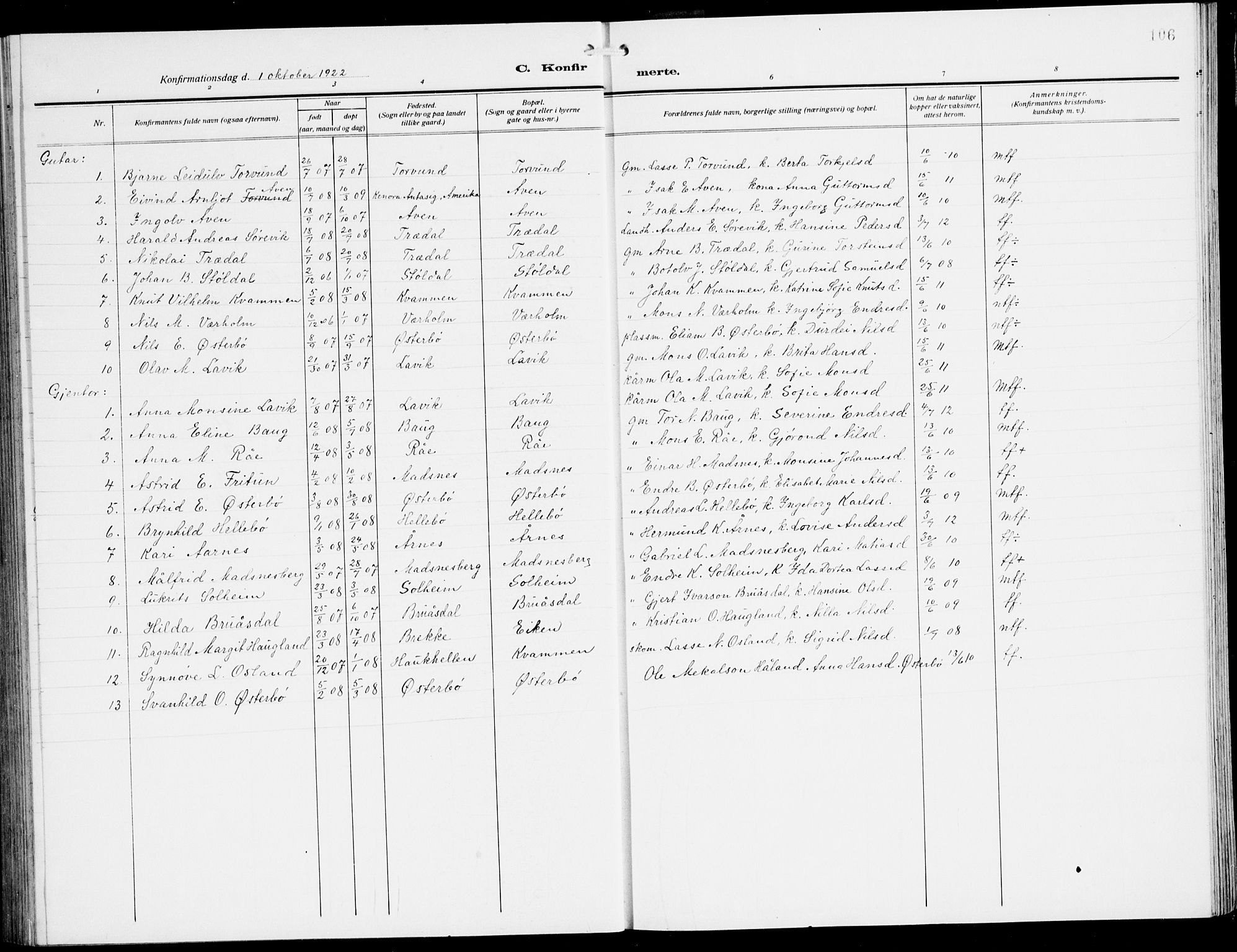 Lavik sokneprestembete, SAB/A-80901: Parish register (copy) no. A 3, 1911-1942, p. 106