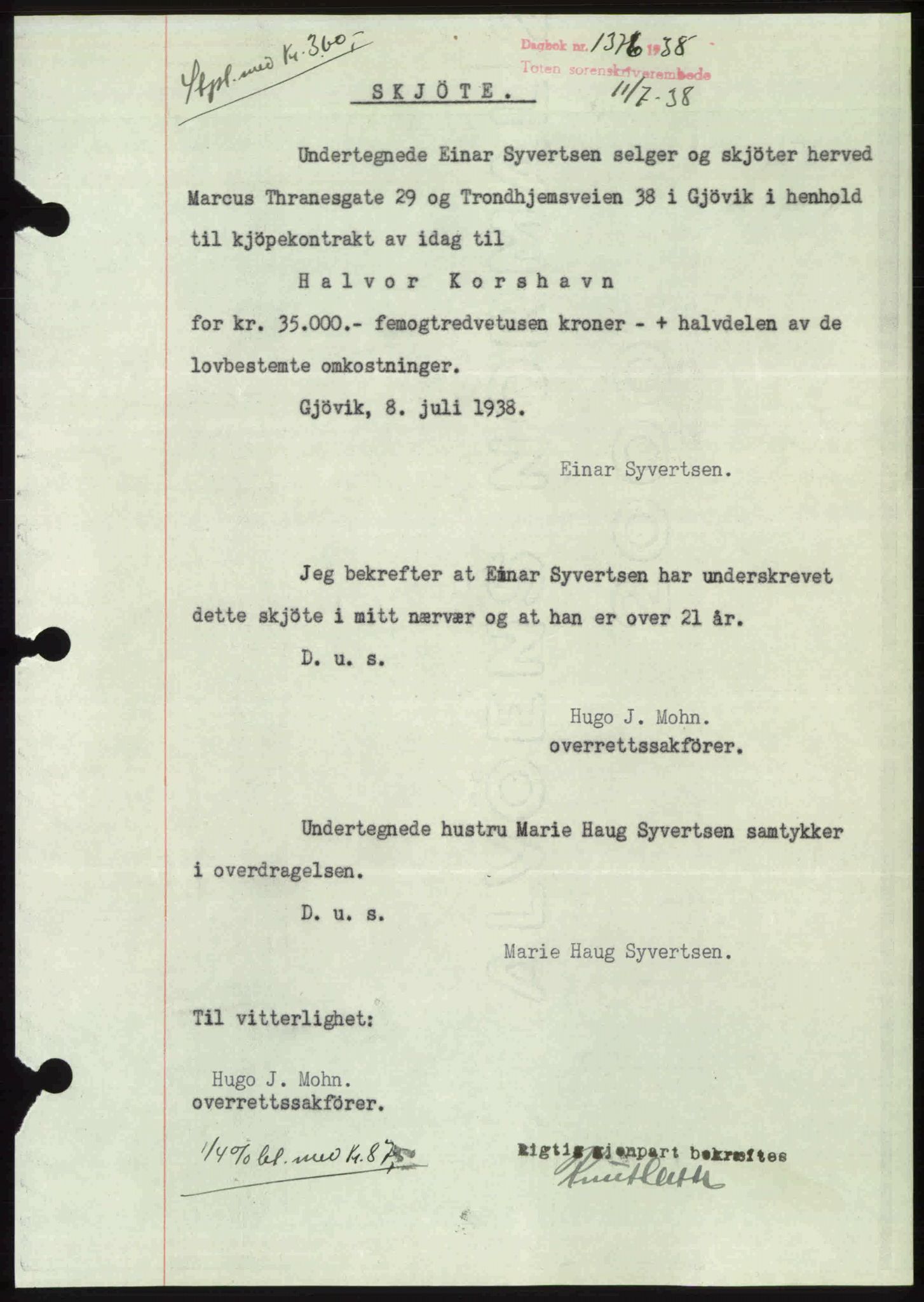 Toten tingrett, SAH/TING-006/H/Hb/Hbc/L0004: Mortgage book no. Hbc-04, 1938-1938, Diary no: : 1376/1938