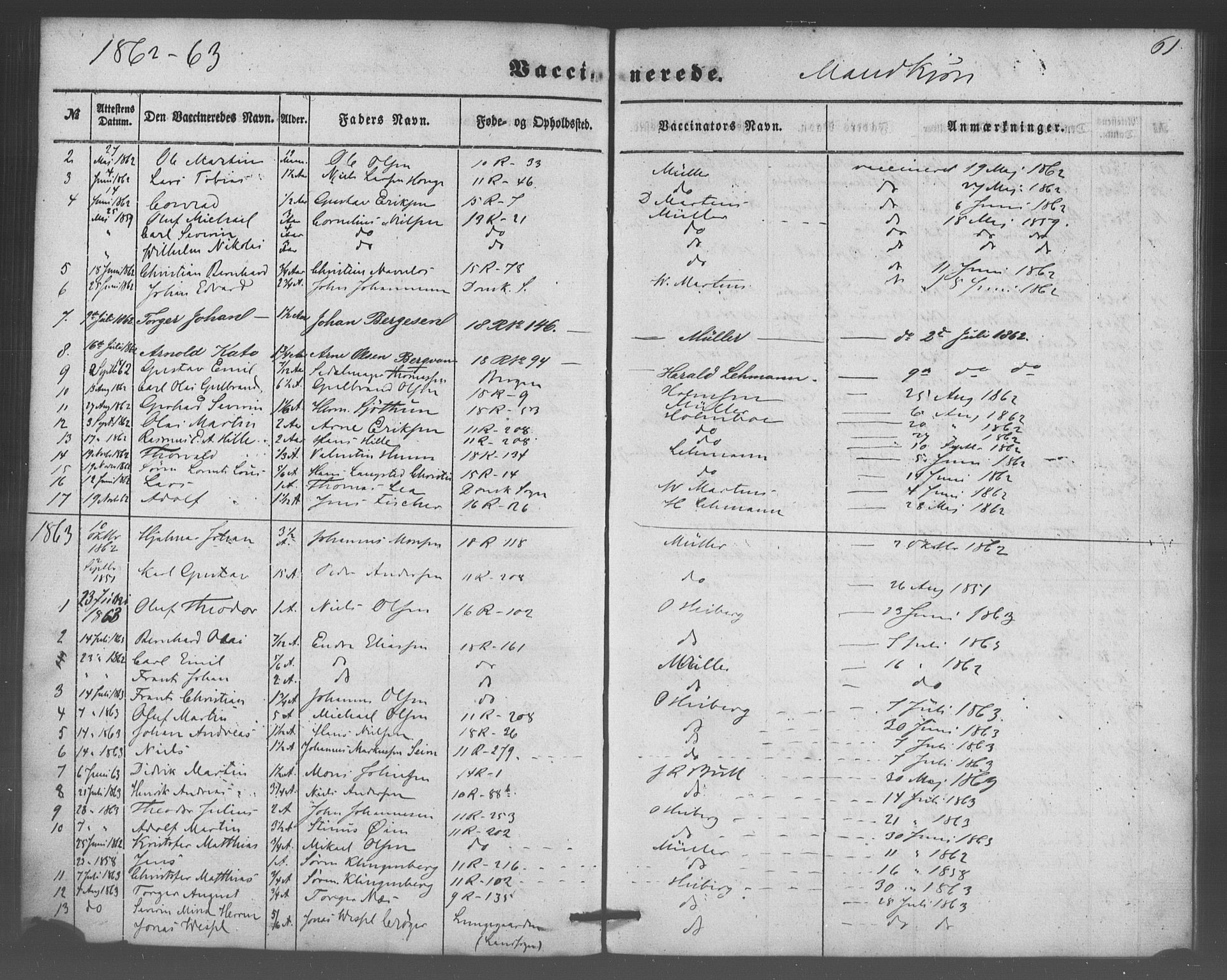 Domkirken sokneprestembete, AV/SAB-A-74801/H/Haa/L0047: Parish register (official) no. F 2, 1852-1868, p. 61