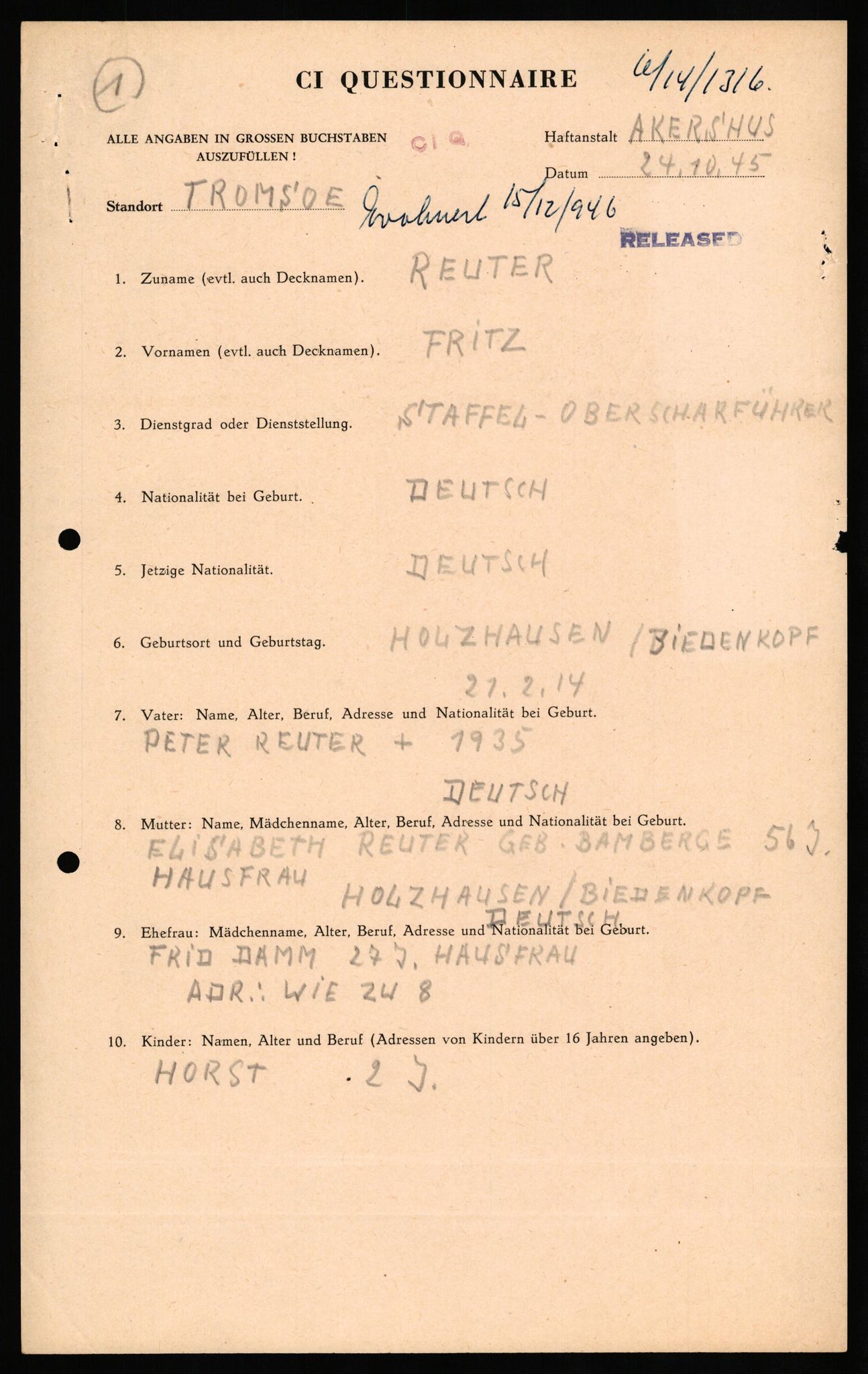 Forsvaret, Forsvarets overkommando II, AV/RA-RAFA-3915/D/Db/L0027: CI Questionaires. Tyske okkupasjonsstyrker i Norge. Tyskere., 1945-1946, p. 278