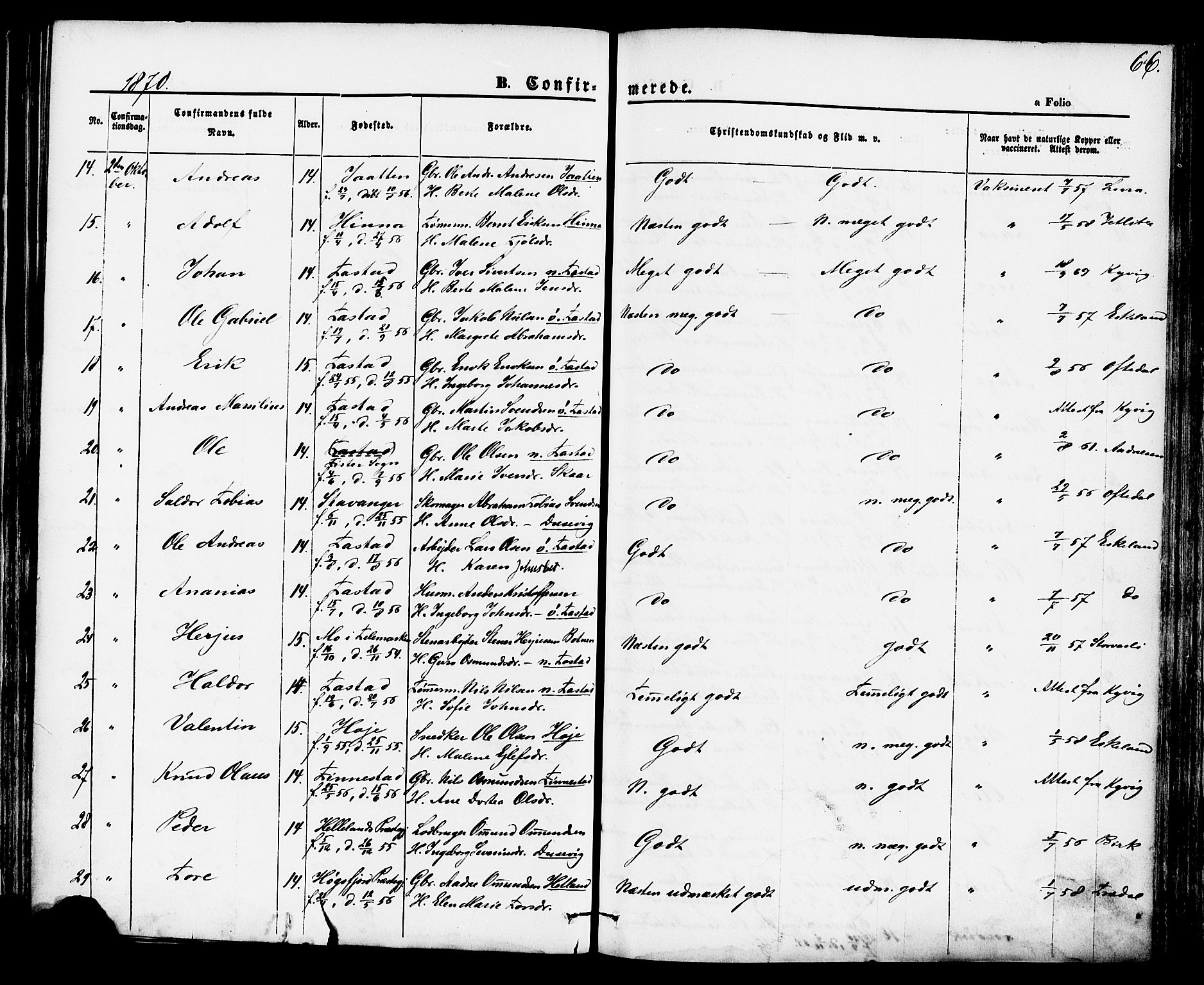 Hetland sokneprestkontor, AV/SAST-A-101826/30/30BA/L0004: Parish register (official) no. A 4, 1862-1881, p. 66