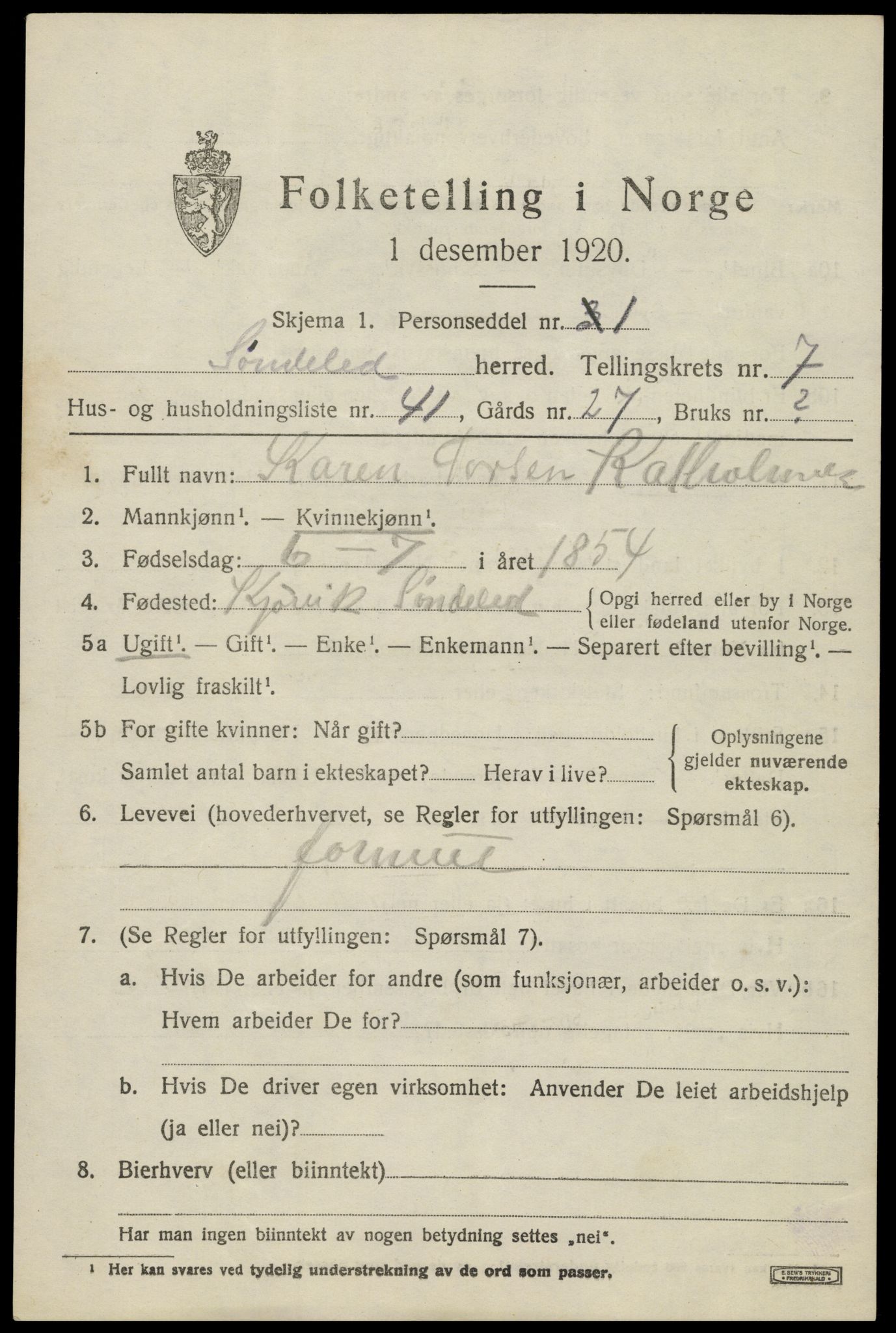 SAK, 1920 census for Søndeled, 1920, p. 4315