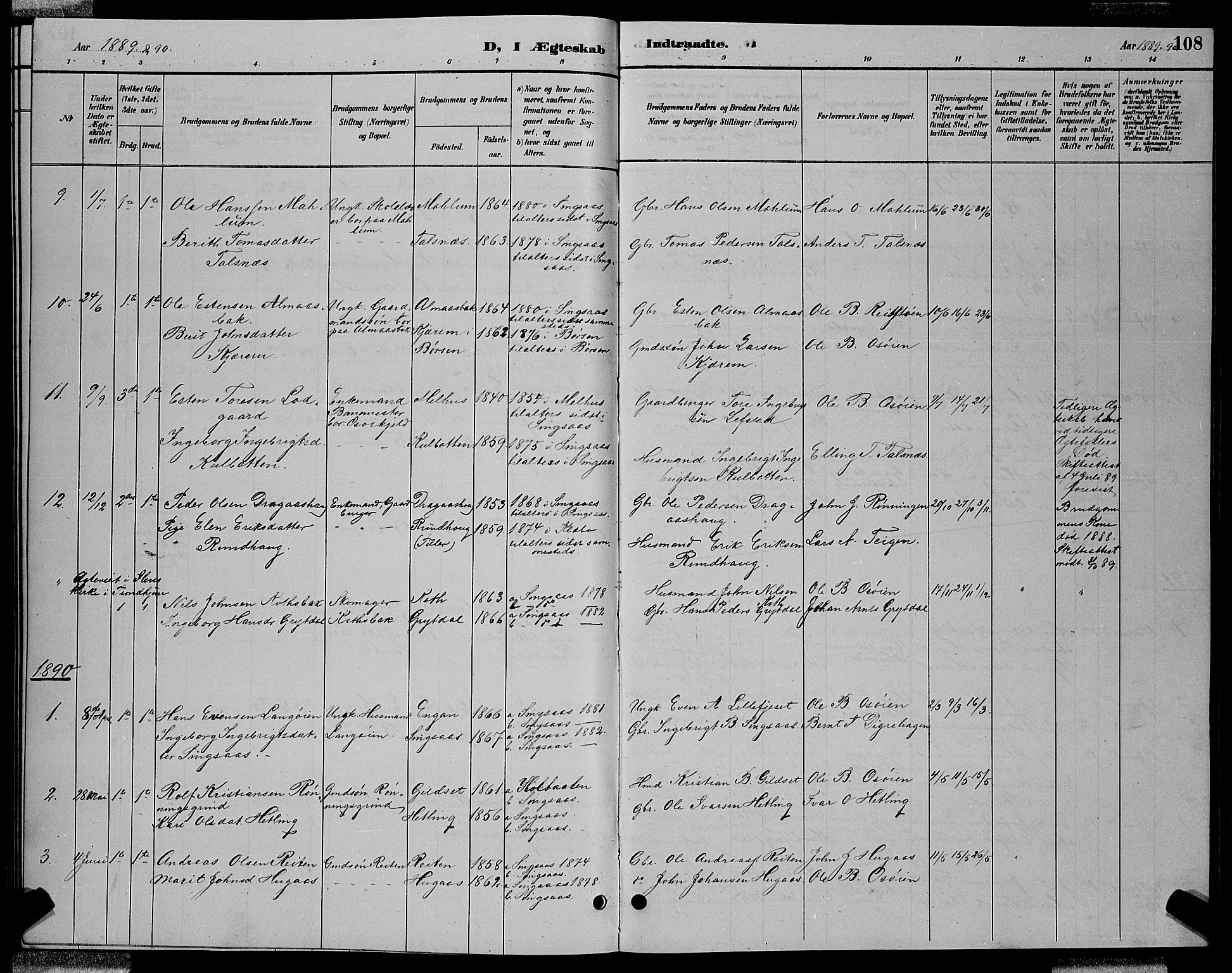 Ministerialprotokoller, klokkerbøker og fødselsregistre - Sør-Trøndelag, SAT/A-1456/688/L1028: Parish register (copy) no. 688C03, 1889-1899, p. 108