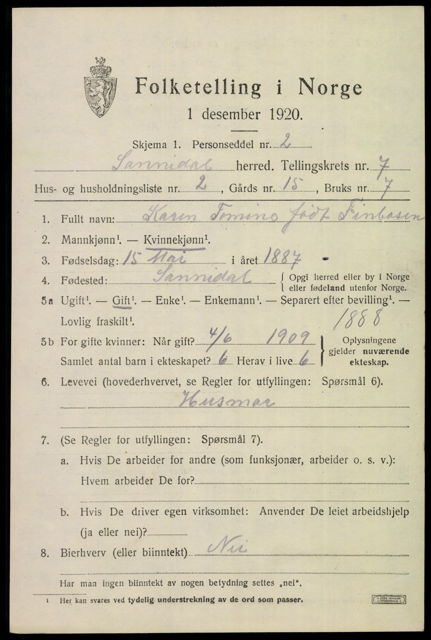 SAKO, 1920 census for Sannidal, 1920, p. 4923