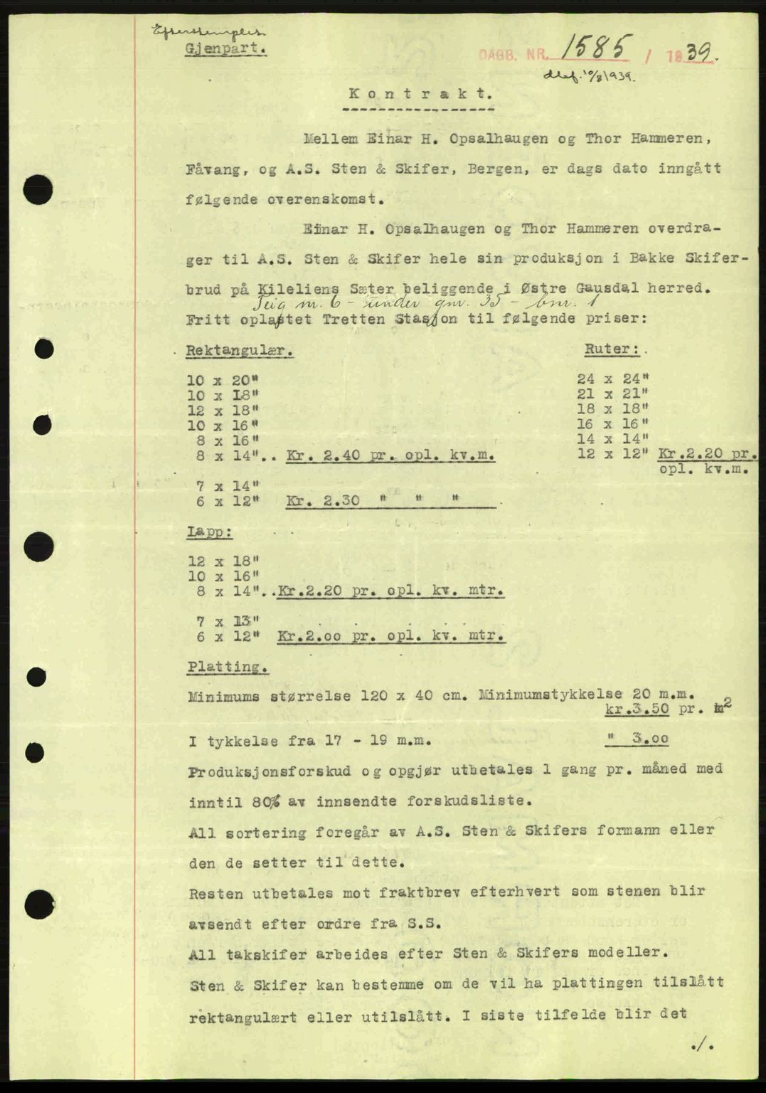 Sør-Gudbrandsdal tingrett, SAH/TING-004/H/Hb/Hbe/L0001: Mortgage book no. B1, 1936-1939, Diary no: : 1585/1939