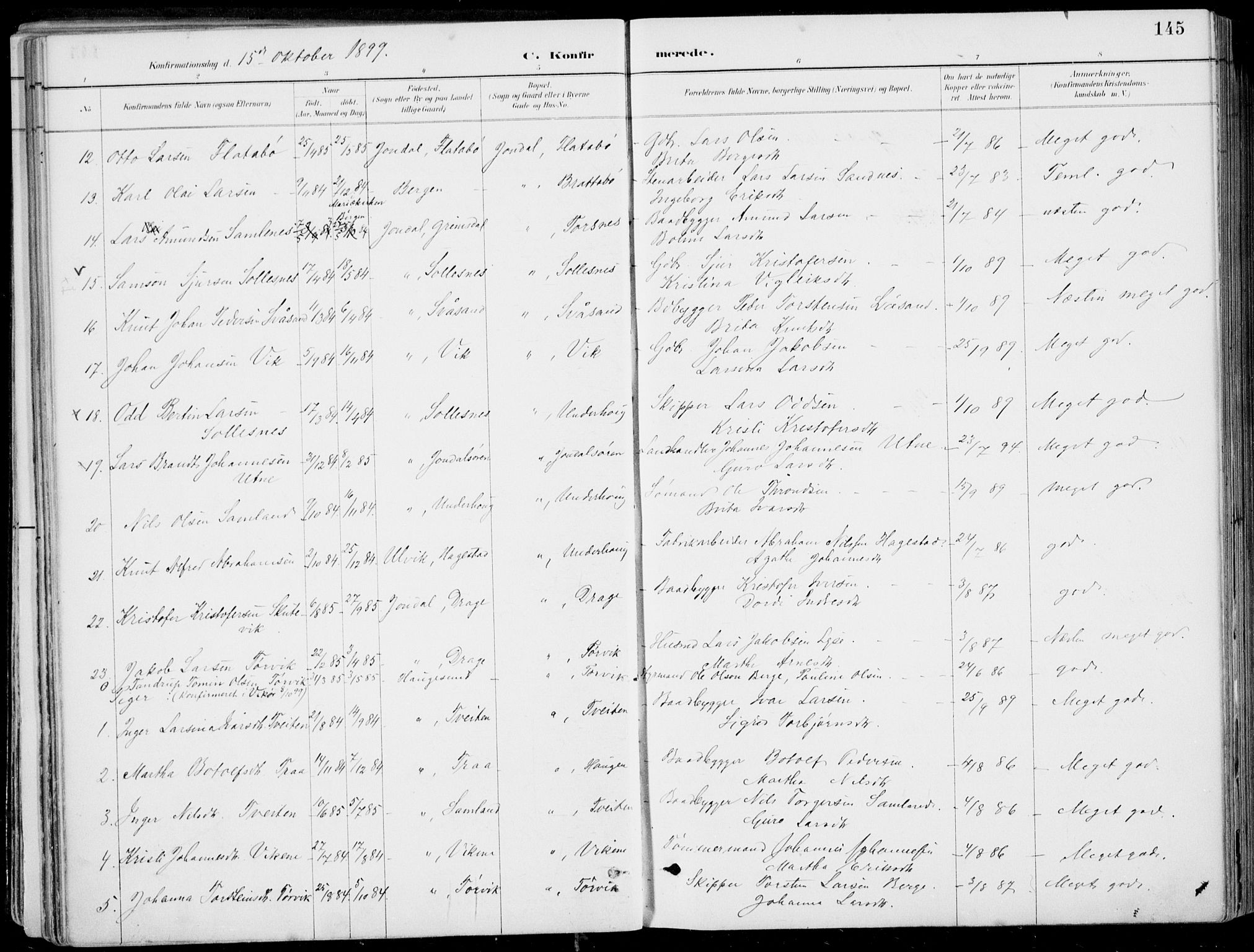 Strandebarm sokneprestembete, SAB/A-78401/H/Haa: Parish register (official) no. E  1, 1886-1908, p. 145