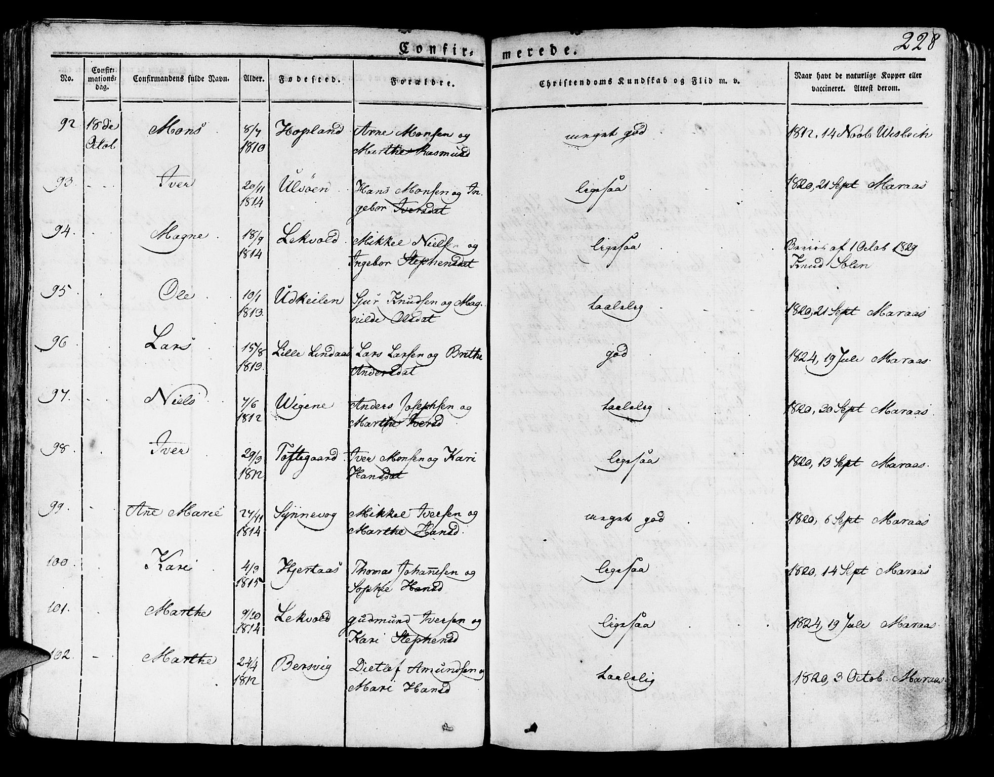 Lindås Sokneprestembete, SAB/A-76701/H/Haa: Parish register (official) no. A 8, 1823-1836, p. 228