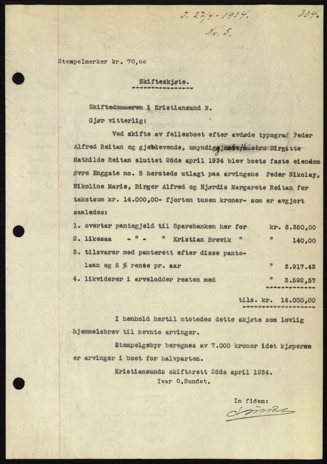 Kristiansund byfogd, AV/SAT-A-4587/A/27: Mortgage book no. 27, 1933-1934, Deed date: 27.04.1934