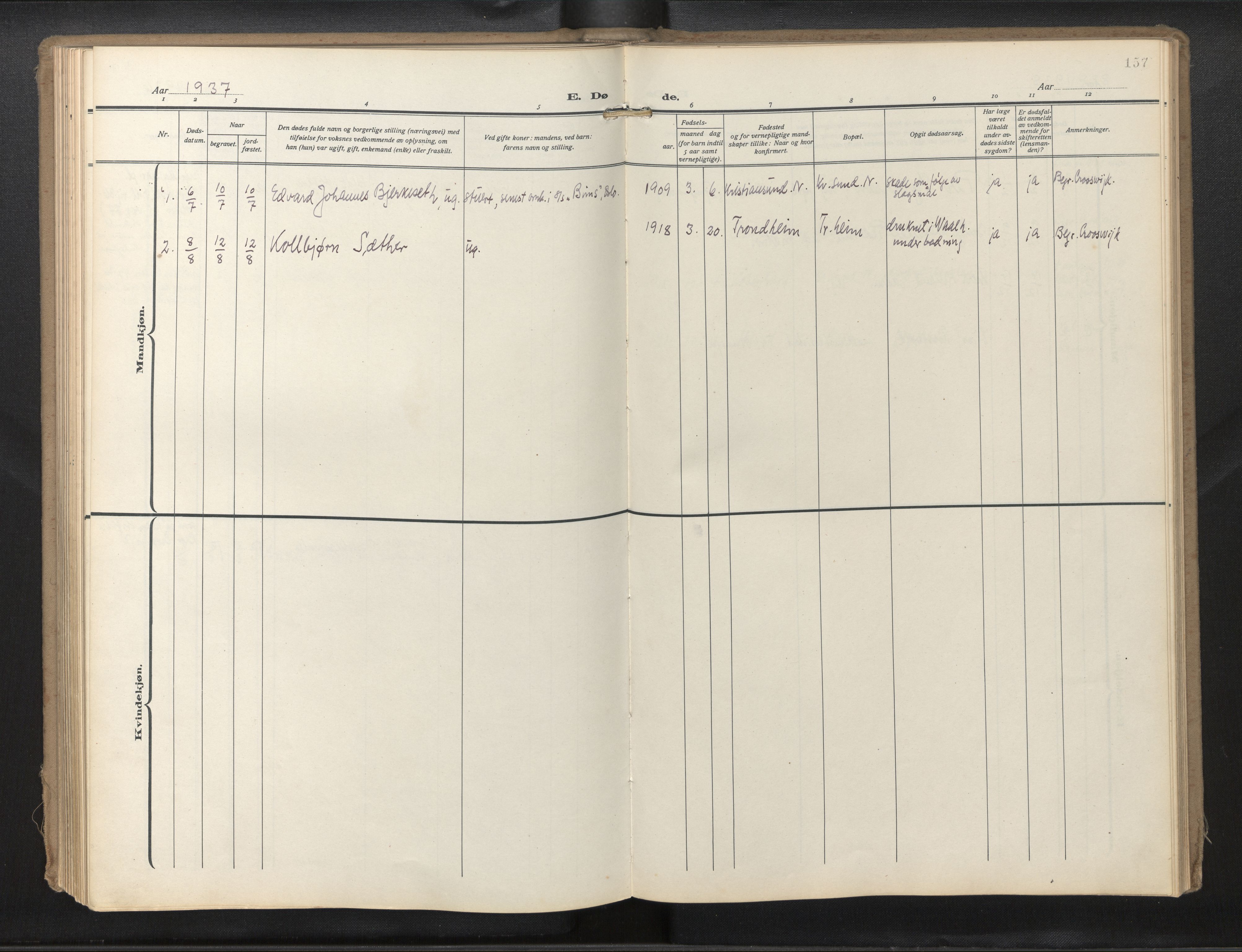 Den norske sjømannsmisjon i utlandet/Hollandske havner (Amsterdam-Rotterdam-Europort), SAB/SAB/PA-0106/H/Ha/Haa/L0004: Parish register (official) no. A 1, 1928-1956, p. 156b-157a