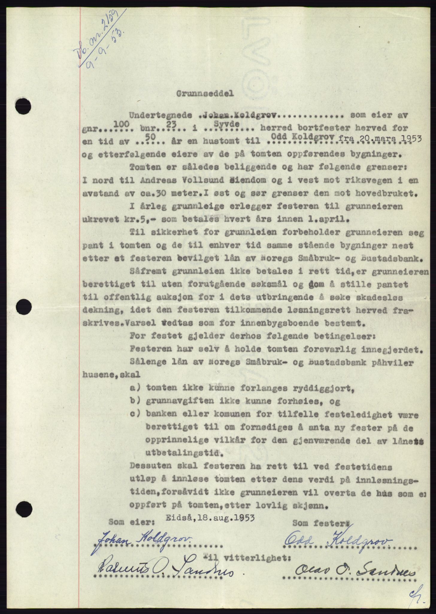 Søre Sunnmøre sorenskriveri, AV/SAT-A-4122/1/2/2C/L0095: Mortgage book no. 21A, 1953-1953, Diary no: : 2159/1953