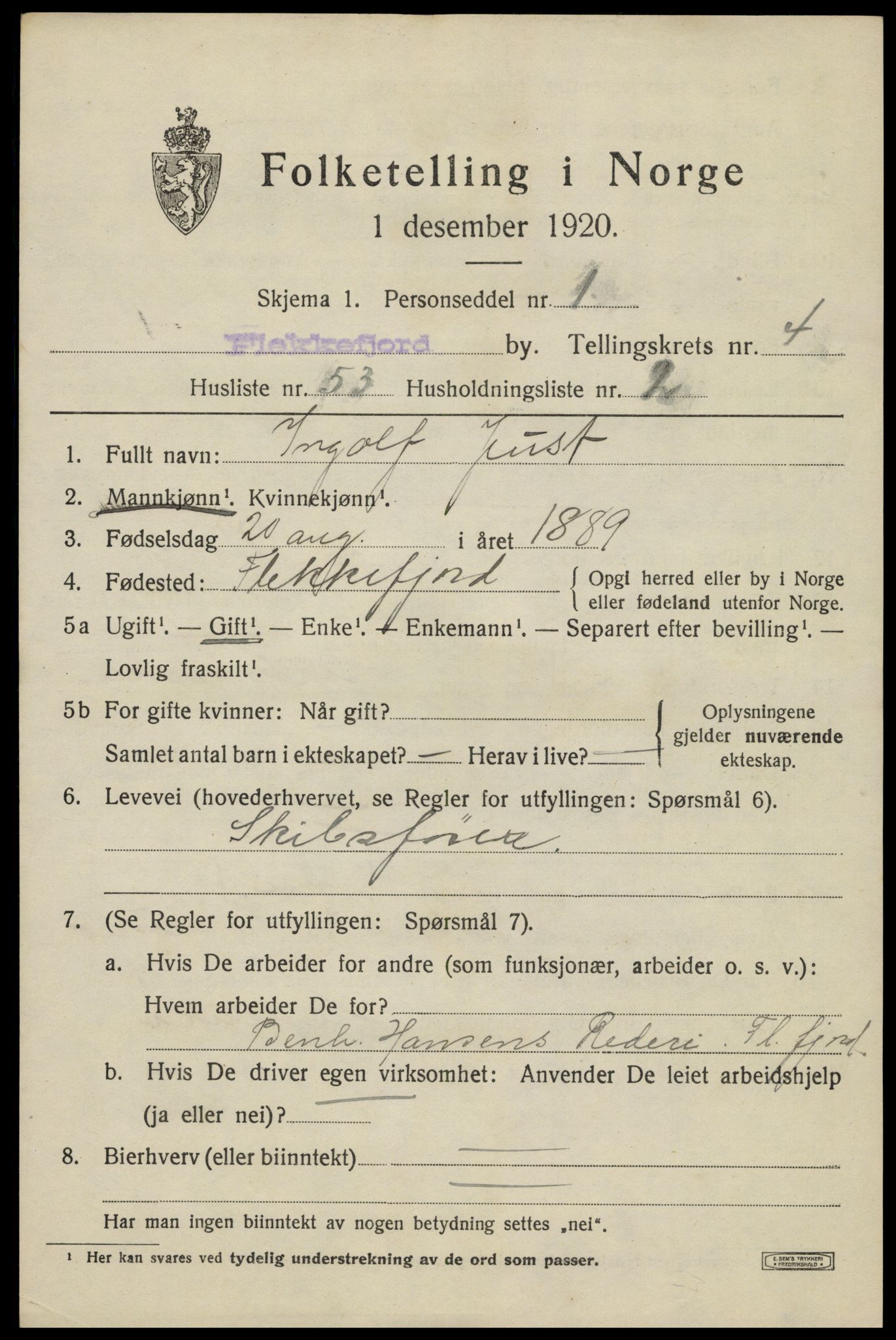 SAK, 1920 census for Flekkefjord, 1920, p. 5116