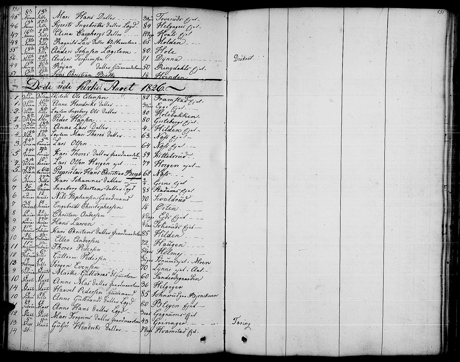 Gran prestekontor, SAH/PREST-112/H/Ha/Haa/L0010: Parish register (official) no. 10, 1824-1842, p. 830-831