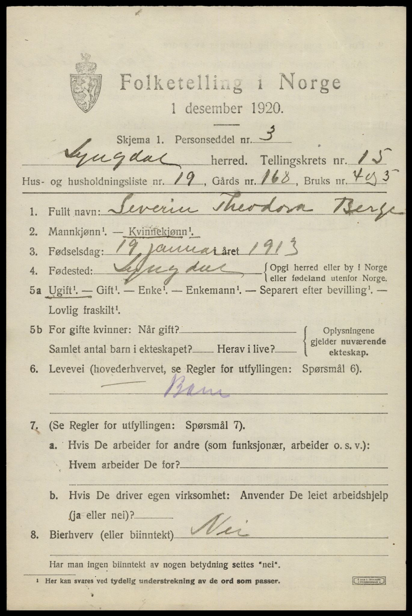 SAK, 1920 census for Lyngdal, 1920, p. 6485