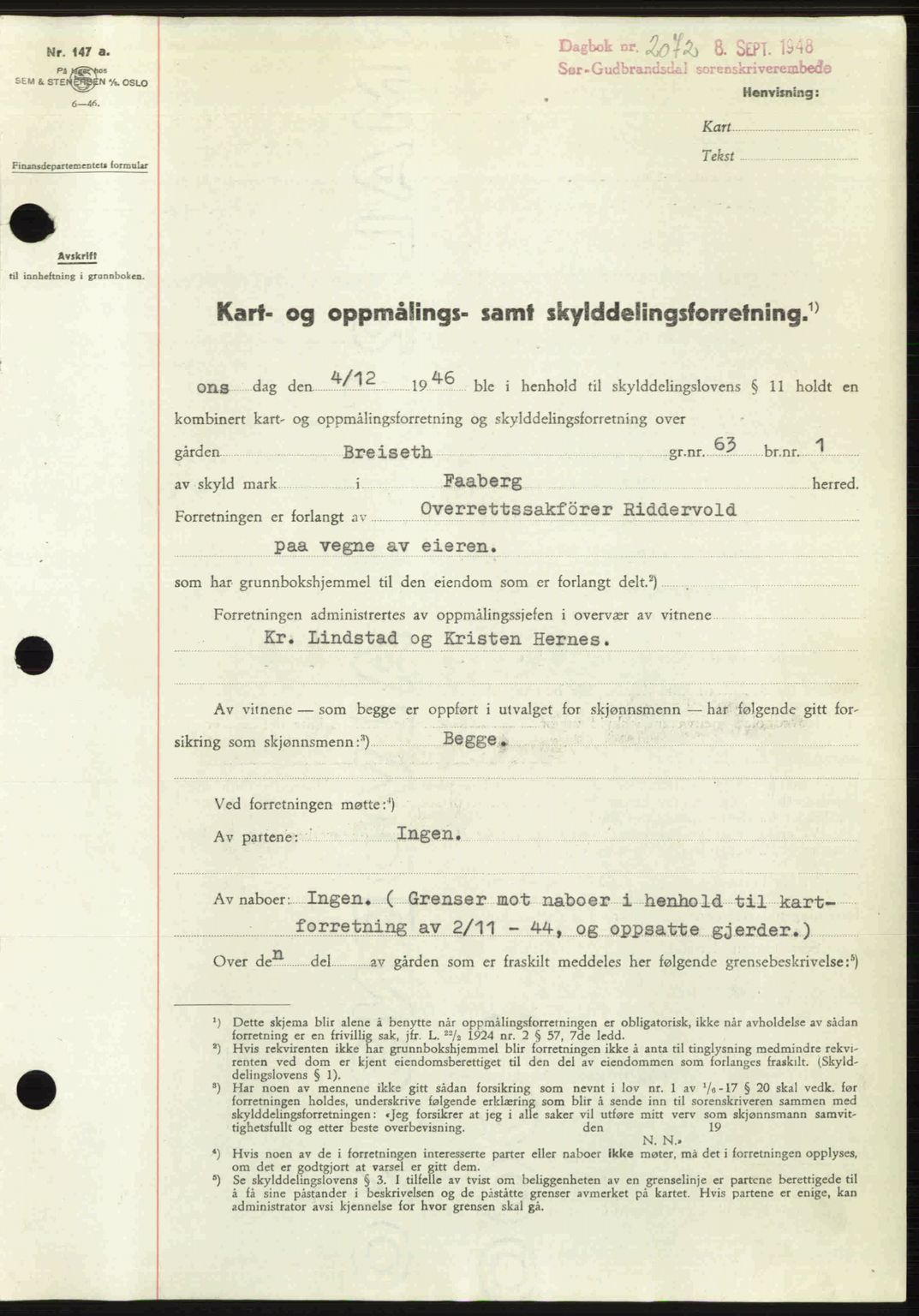 Sør-Gudbrandsdal tingrett, SAH/TING-004/H/Hb/Hbd/L0022: Mortgage book no. A22, 1948-1948, Diary no: : 2072/1948