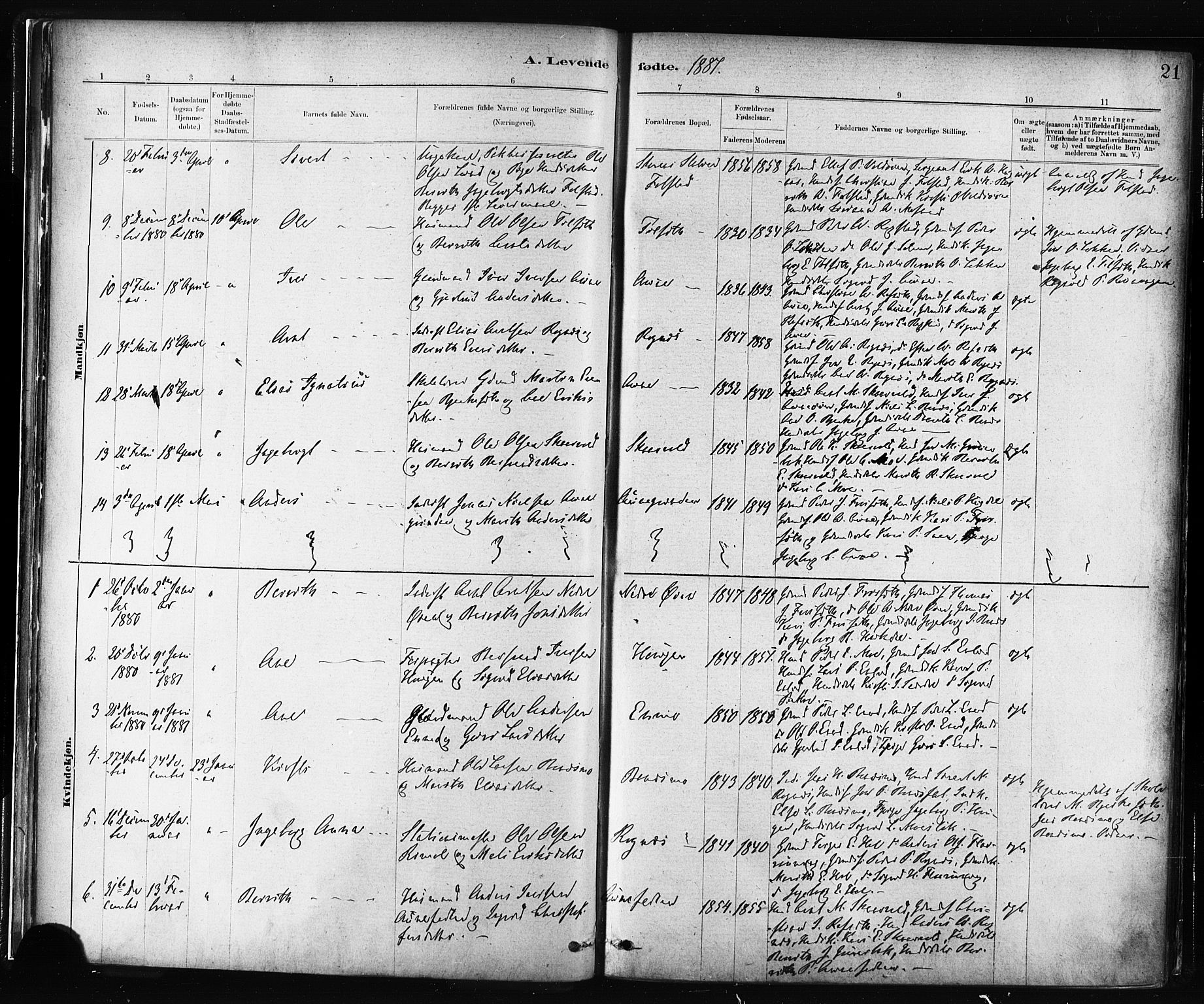 Ministerialprotokoller, klokkerbøker og fødselsregistre - Sør-Trøndelag, SAT/A-1456/687/L1002: Parish register (official) no. 687A08, 1878-1890, p. 21