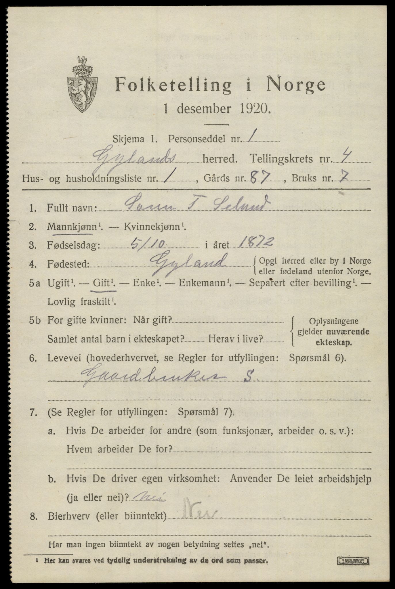 SAK, 1920 census for Gyland, 1920, p. 1038