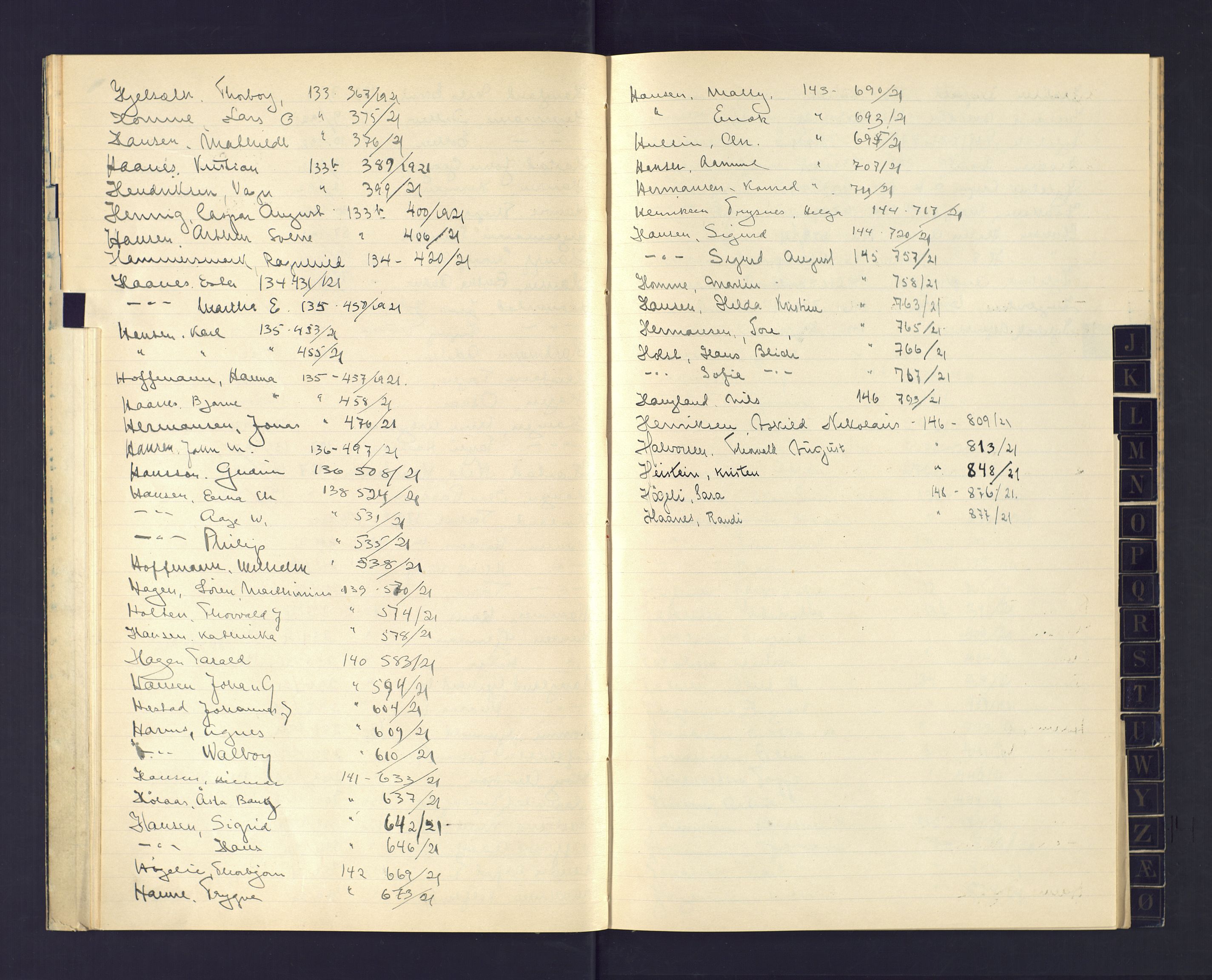 Kristiansand politikammer, AV/SAK-1243-0004/K/Ka/L0234: Register til passprotokoll, 1921, p. 17