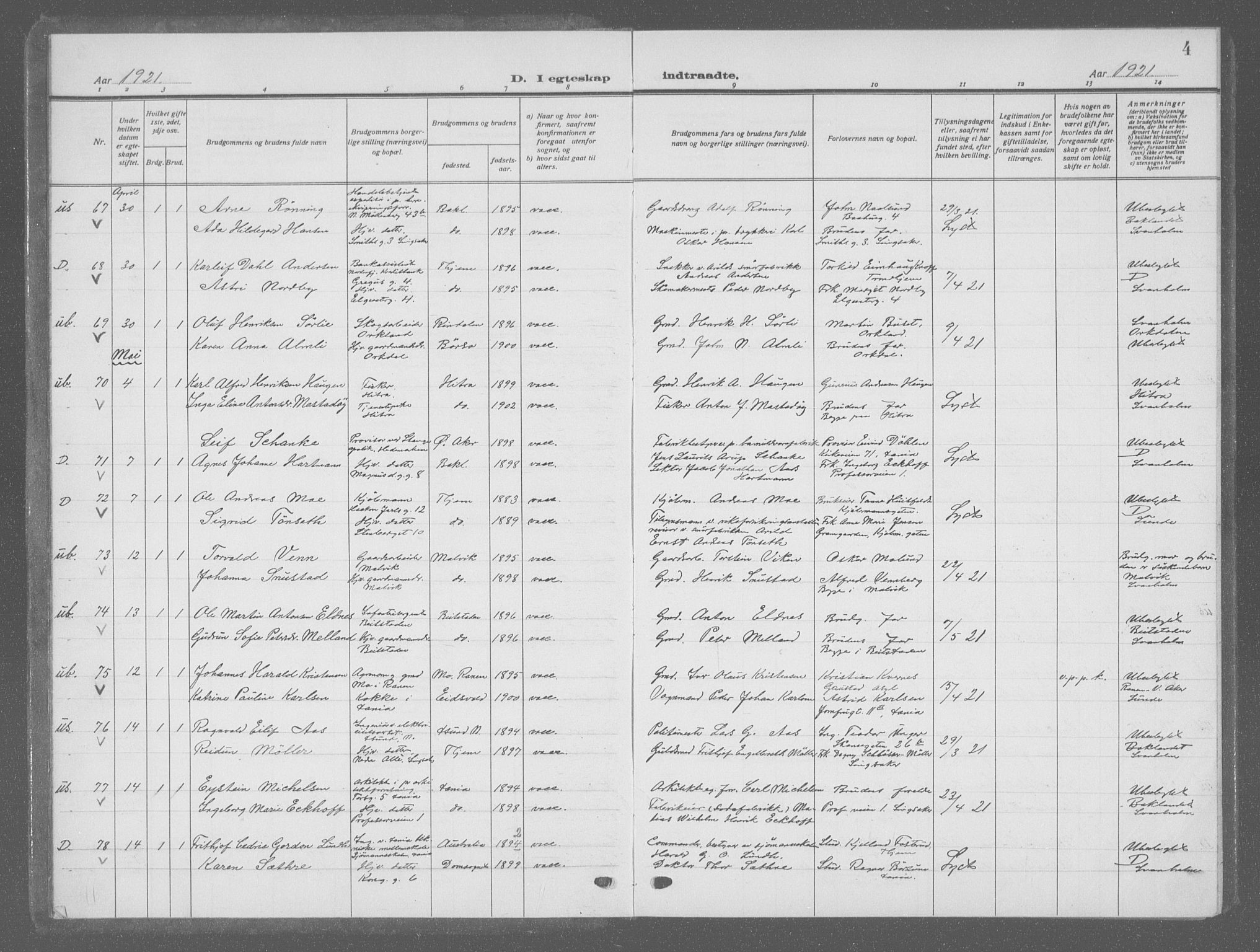 Ministerialprotokoller, klokkerbøker og fødselsregistre - Sør-Trøndelag, AV/SAT-A-1456/601/L0098: Parish register (copy) no. 601C16, 1921-1934, p. 4