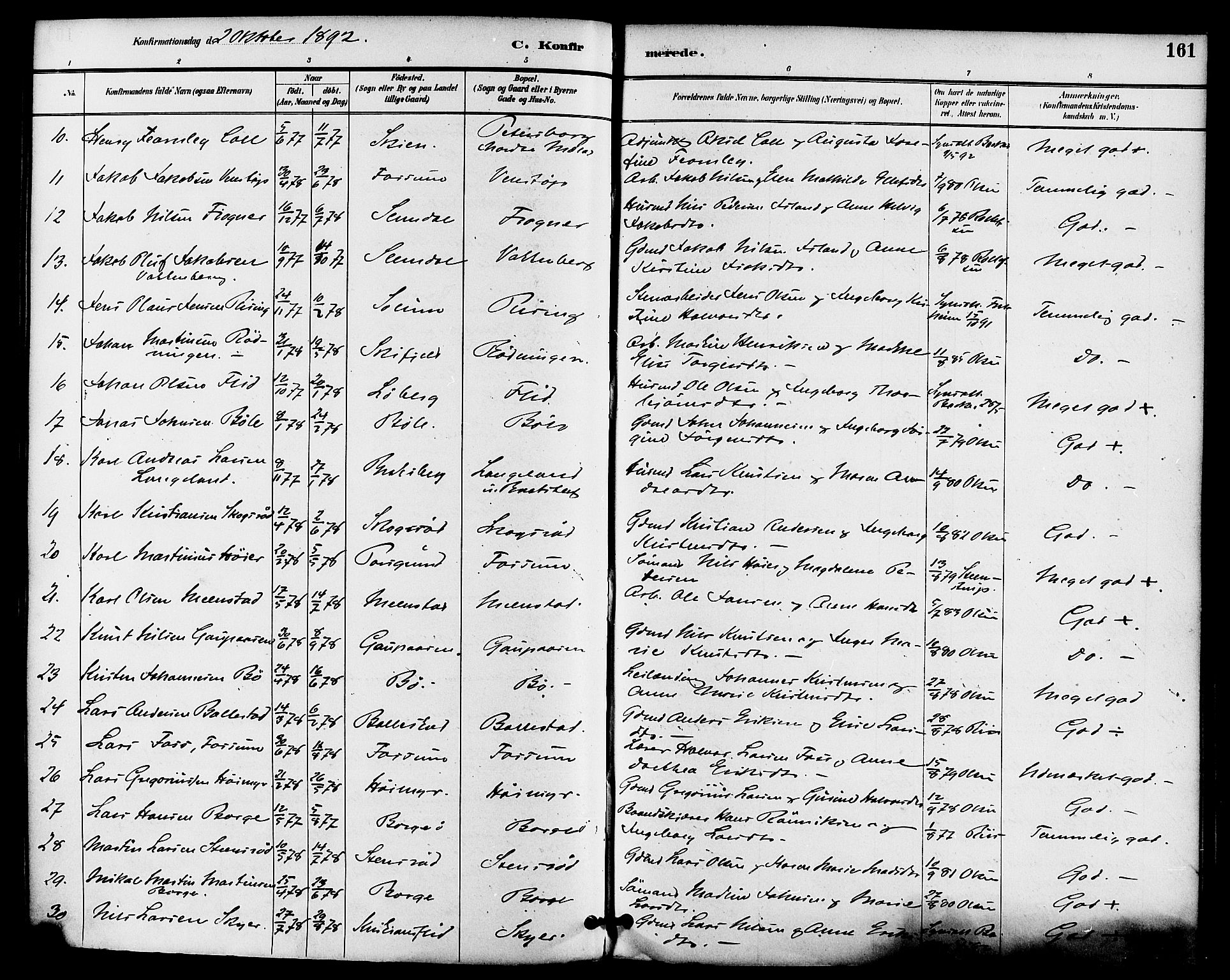 Gjerpen kirkebøker, AV/SAKO-A-265/F/Fa/L0010: Parish register (official) no. I 10, 1886-1895, p. 161