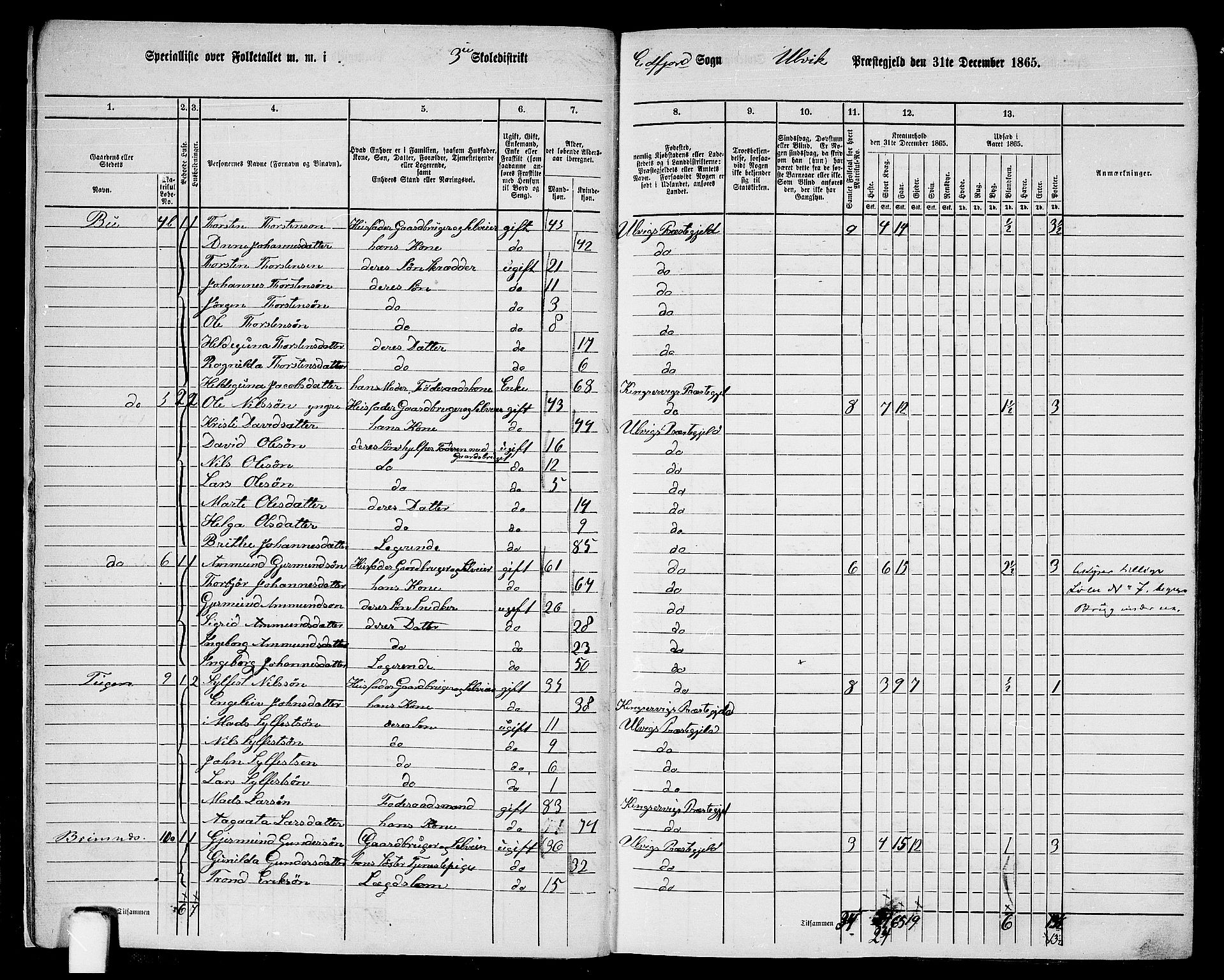 RA, 1865 census for Ulvik, 1865, p. 13