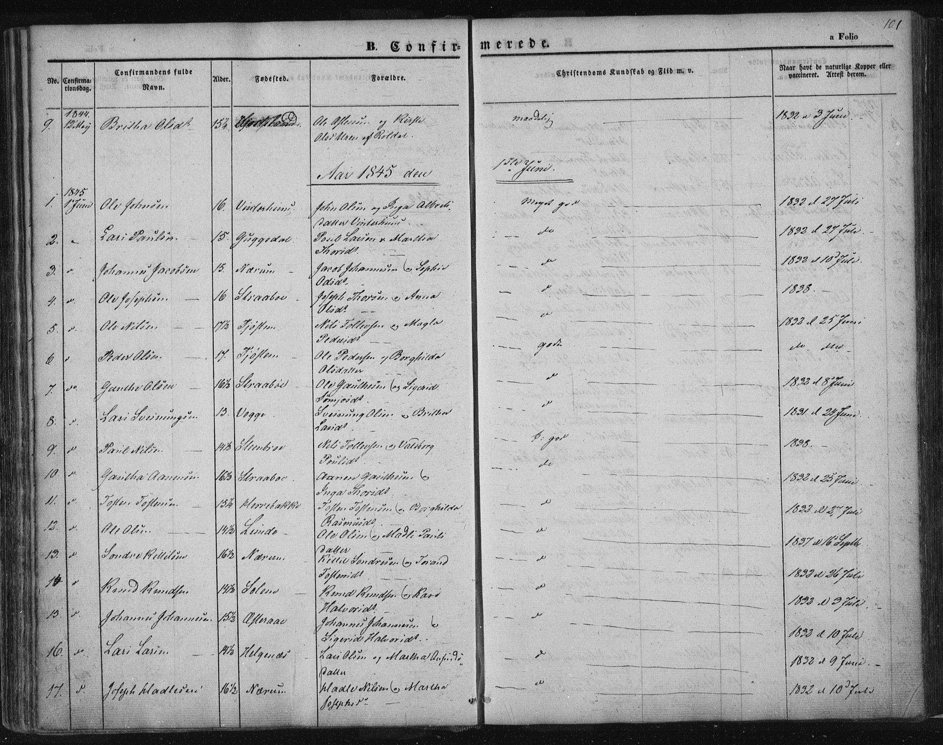 Suldal sokneprestkontor, AV/SAST-A-101845/01/IV/L0008: Parish register (official) no. A 8, 1836-1853, p. 101