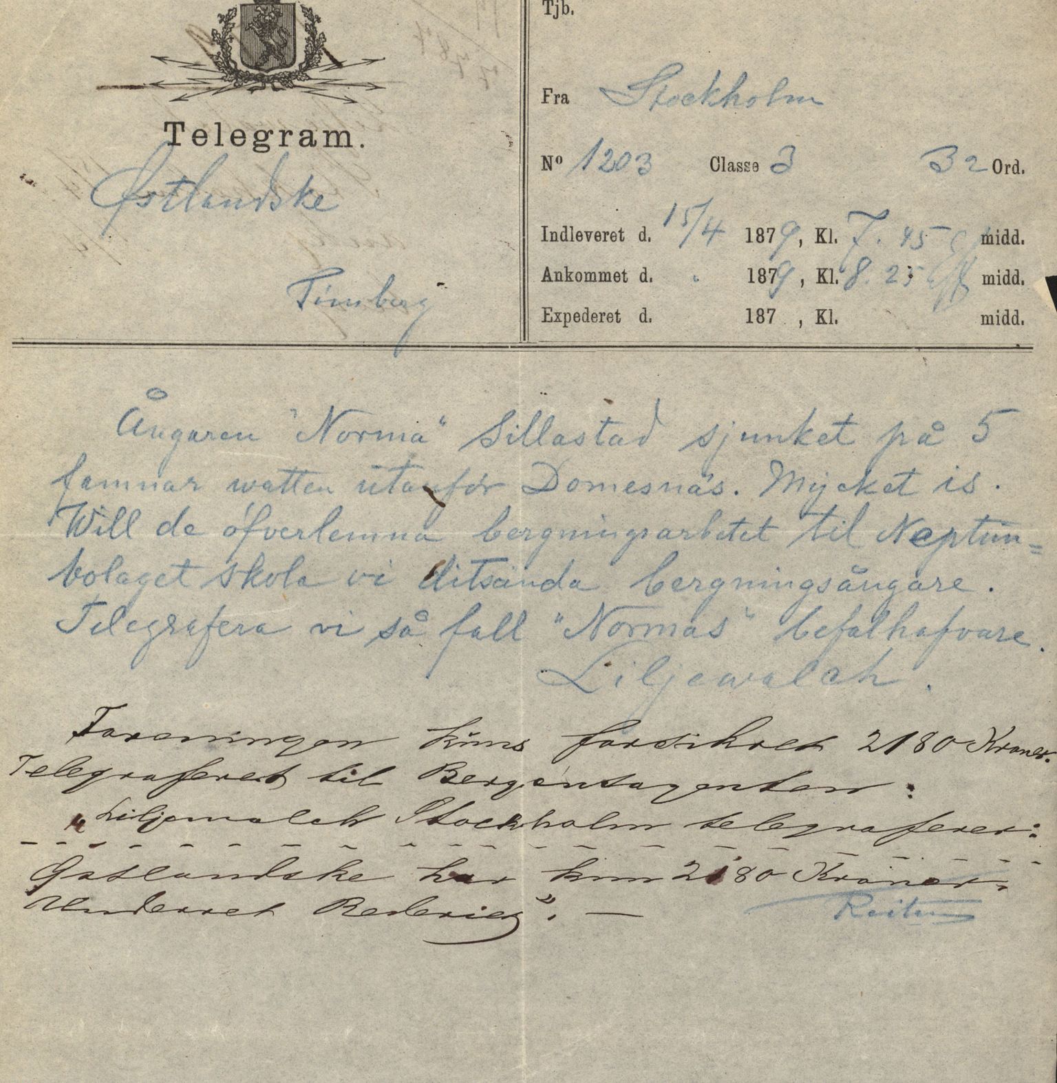 Pa 63 - Østlandske skibsassuranceforening, VEMU/A-1079/G/Ga/L0011/0033: Havaridokumenter / Norma, 1879