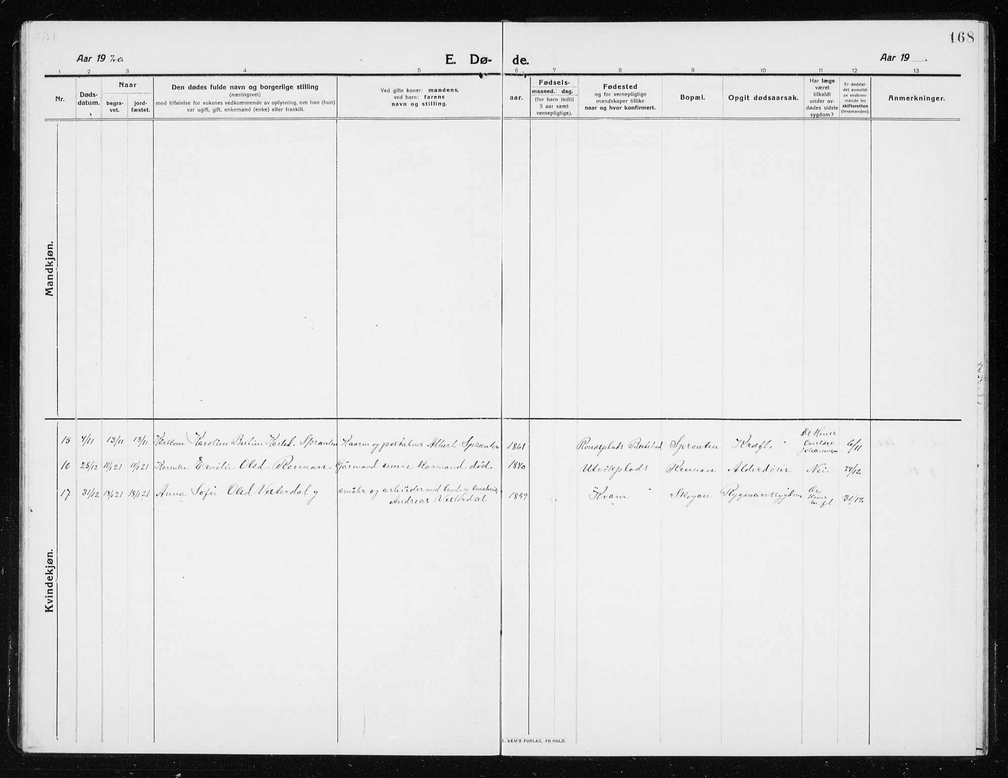 Ministerialprotokoller, klokkerbøker og fødselsregistre - Nord-Trøndelag, AV/SAT-A-1458/741/L0402: Parish register (copy) no. 741C03, 1911-1926, p. 168