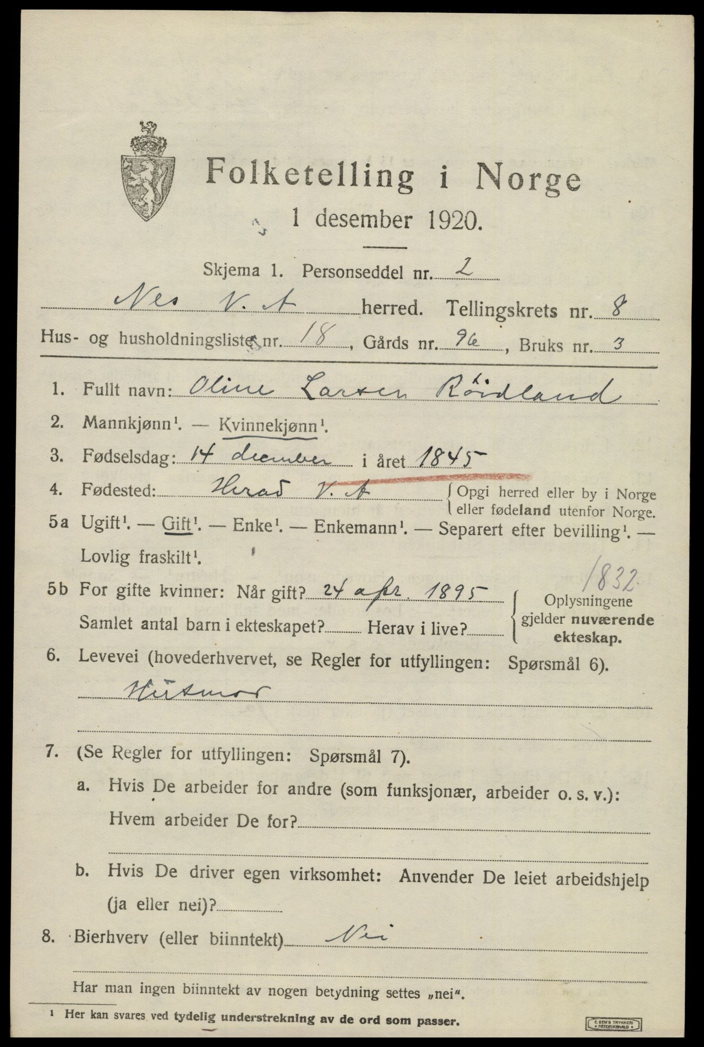 SAK, 1920 census for Nes (V-A), 1920, p. 3760