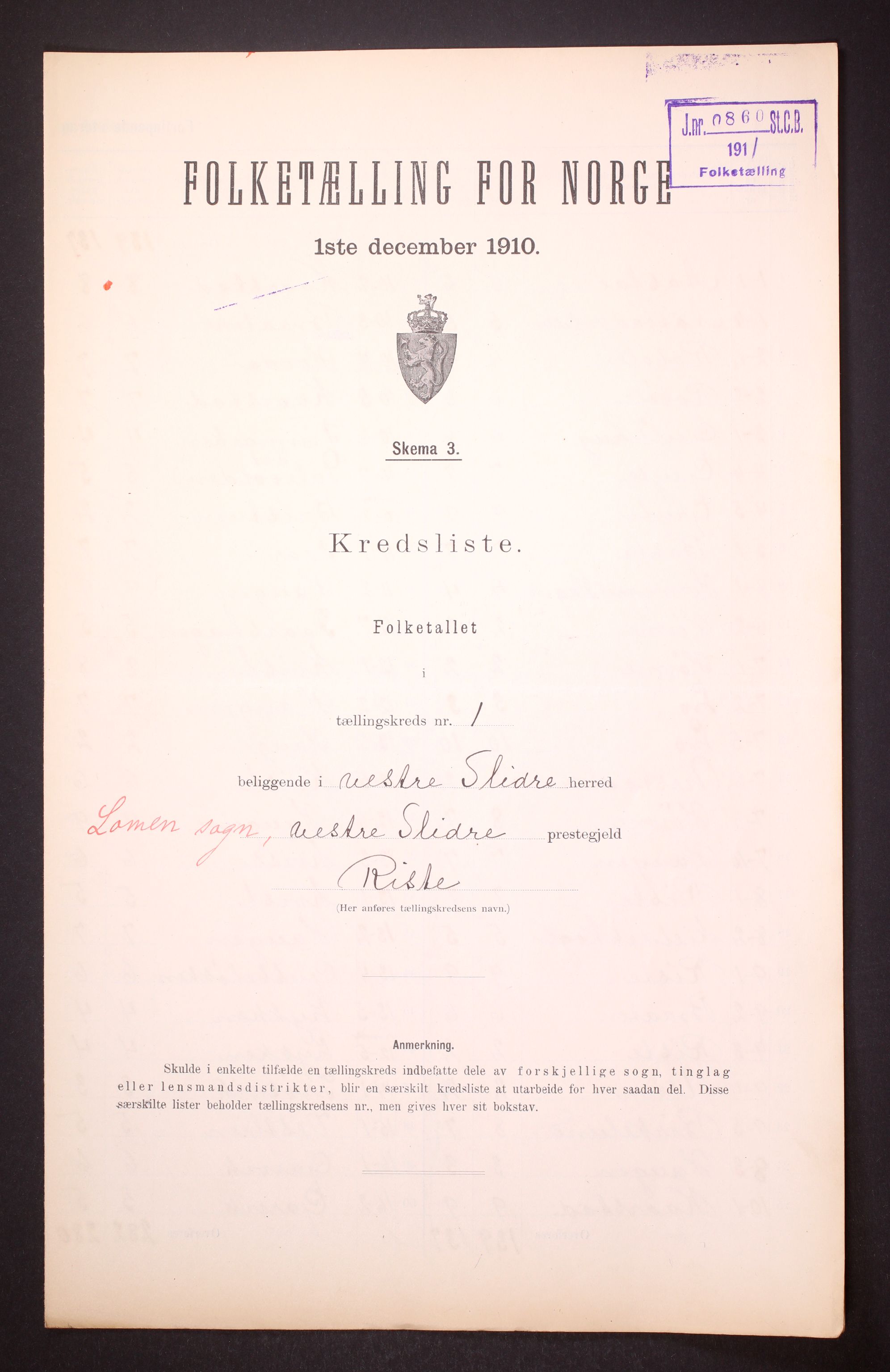 RA, 1910 census for Vestre Slidre, 1910, p. 4
