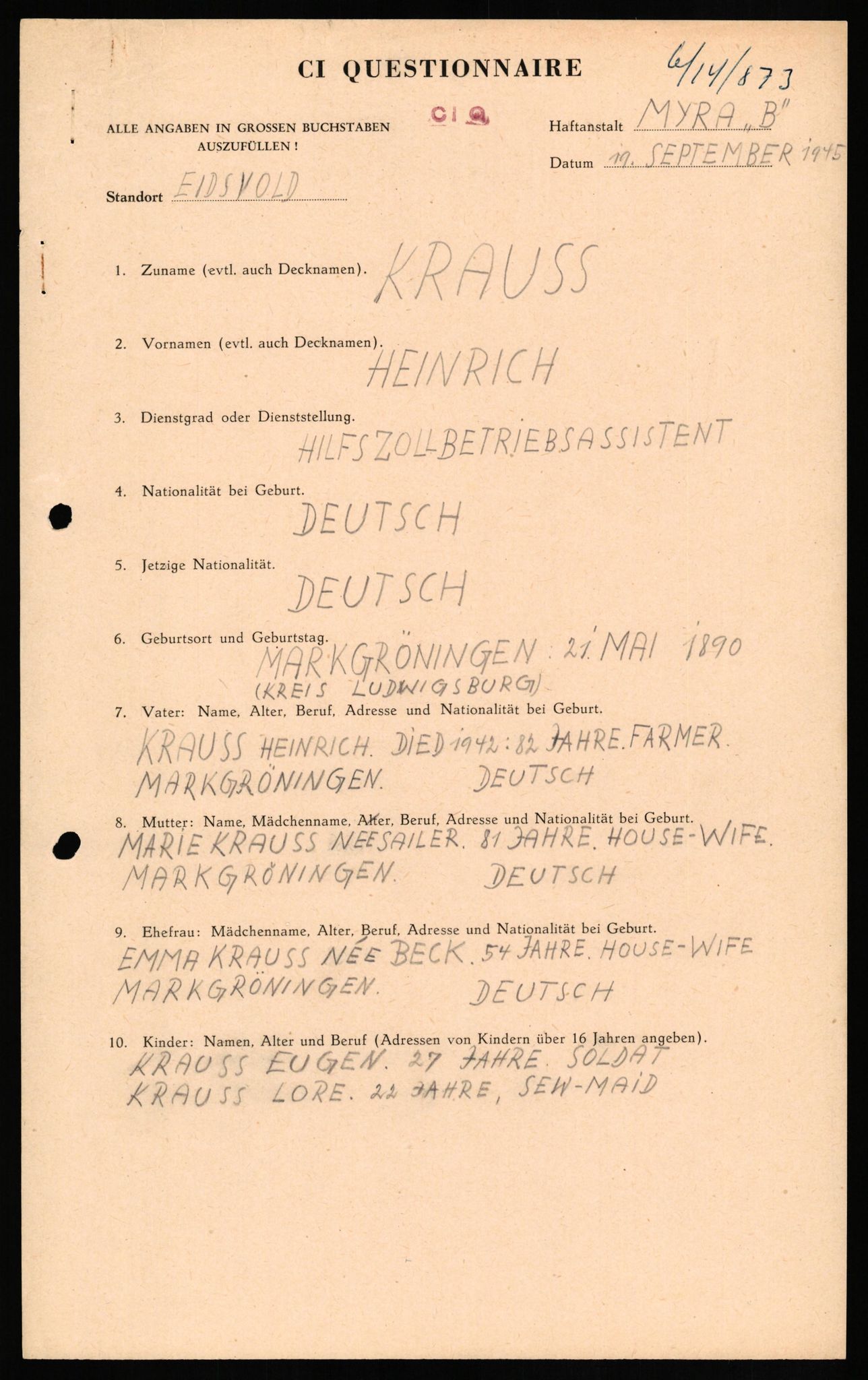 Forsvaret, Forsvarets overkommando II, AV/RA-RAFA-3915/D/Db/L0018: CI Questionaires. Tyske okkupasjonsstyrker i Norge. Tyskere., 1945-1946, p. 102