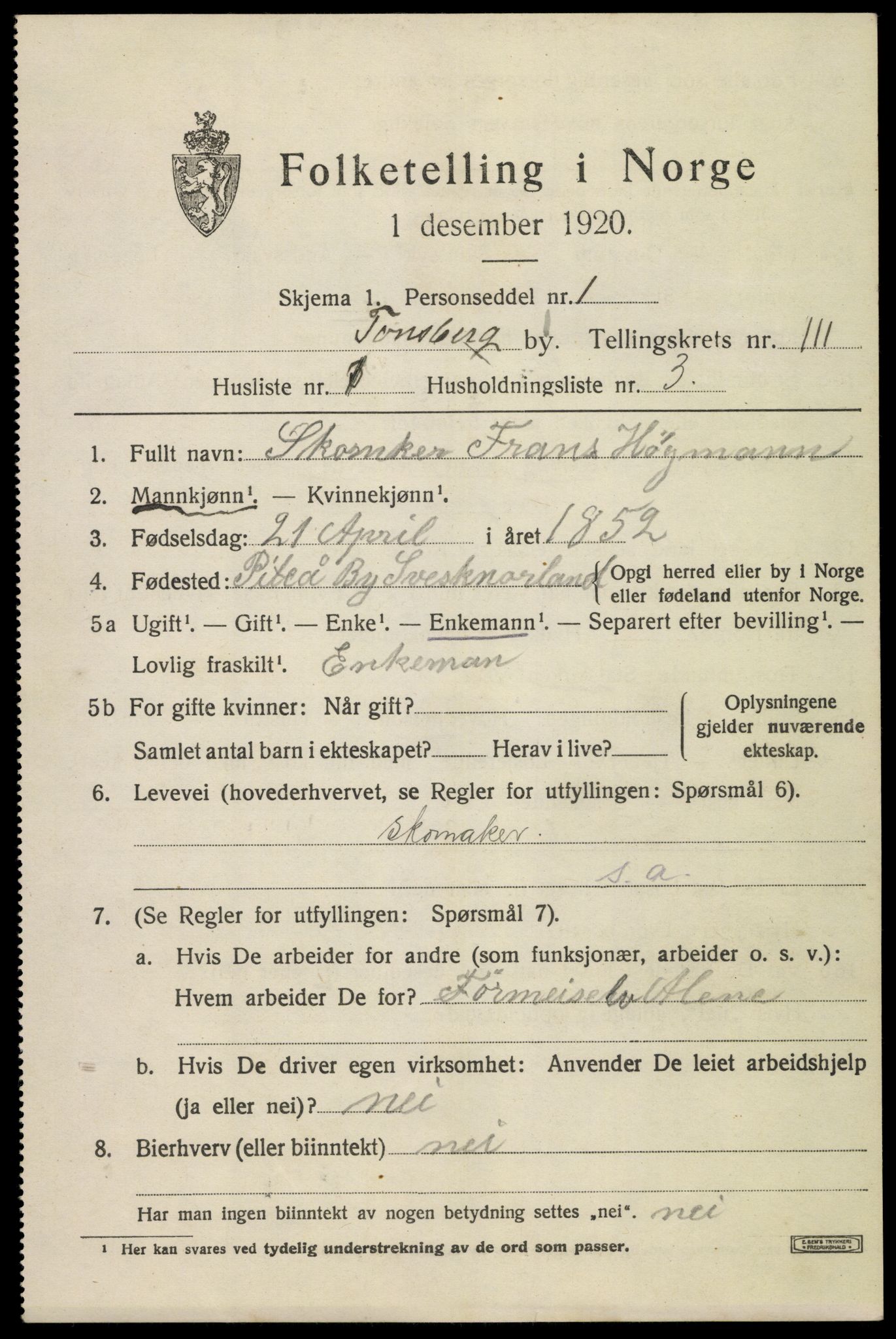 SAKO, 1920 census for Tønsberg, 1920, p. 10889